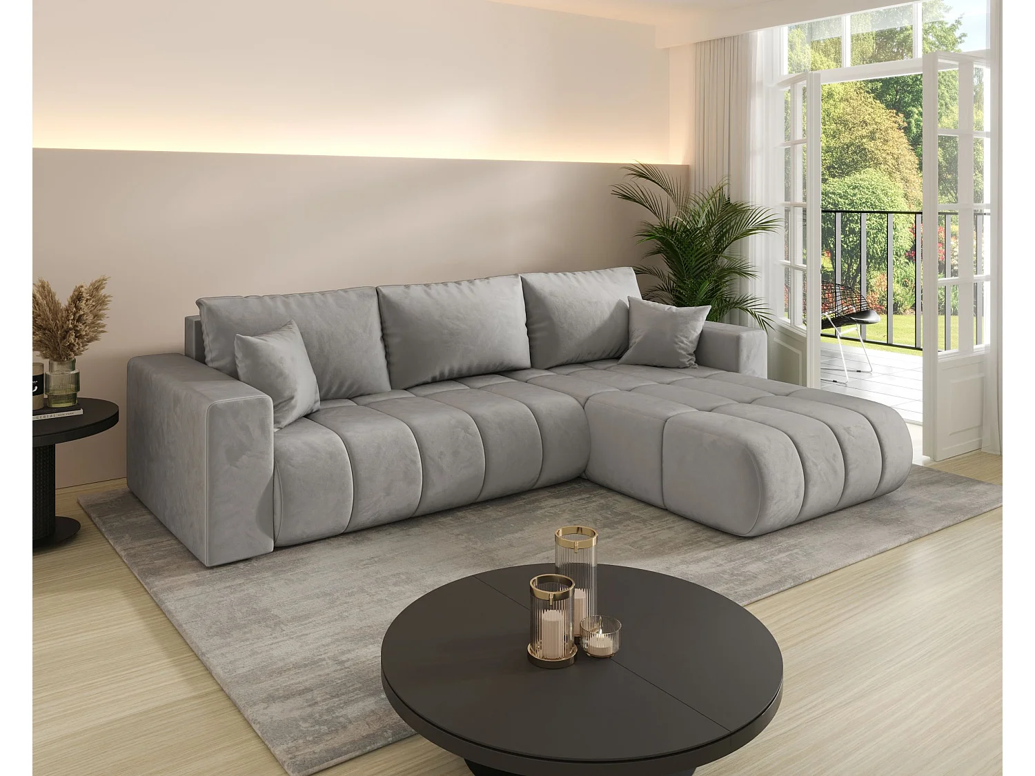 Canapé d'angle LARA PREMIUM droit gris clair velours Monolith 84 - fonction couchage, coffre à literie