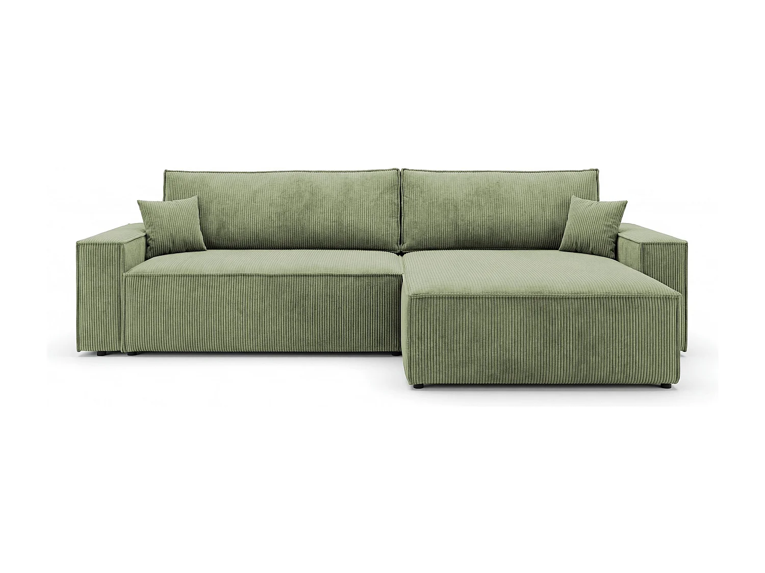 Canapé d'angle VIENNA droit vert clair velours côtelé Poso 47 - fonction couchage, coffre à literie