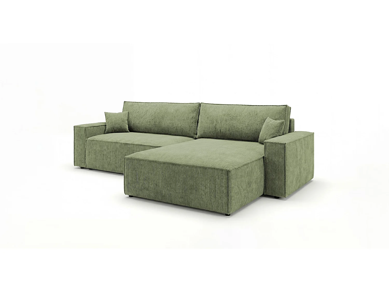 Canapé d'angle VIENNA droit vert clair velours côtelé Poso 47 - fonction couchage, coffre à literie