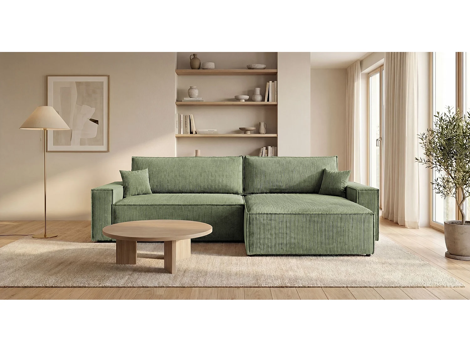 Canapé d'angle VIENNA droit vert clair velours côtelé Poso 47 - fonction couchage, coffre à literie