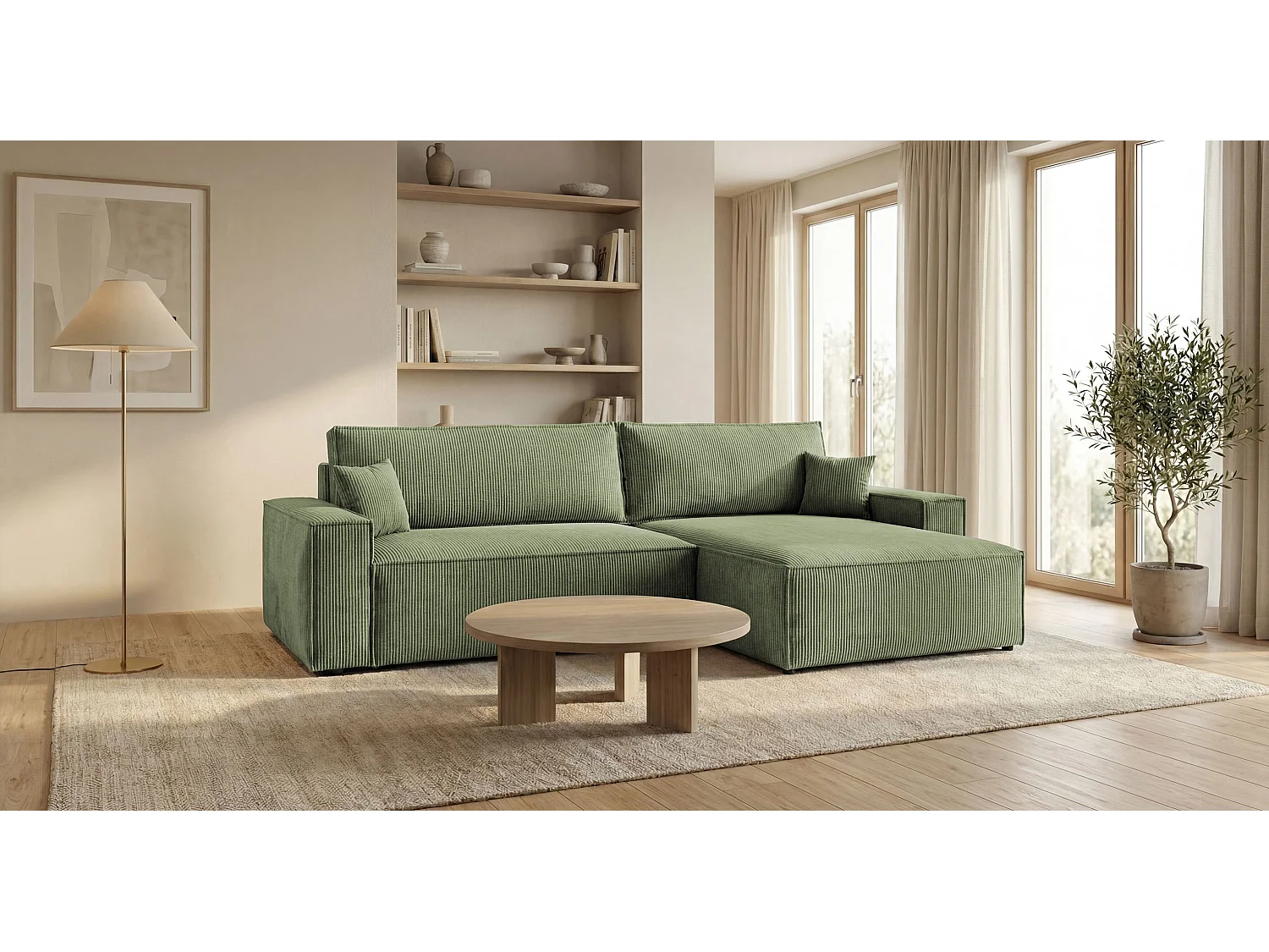 Canapé d'angle VIENNA droit vert clair velours côtelé Poso 47 - fonction couchage, coffre à literie