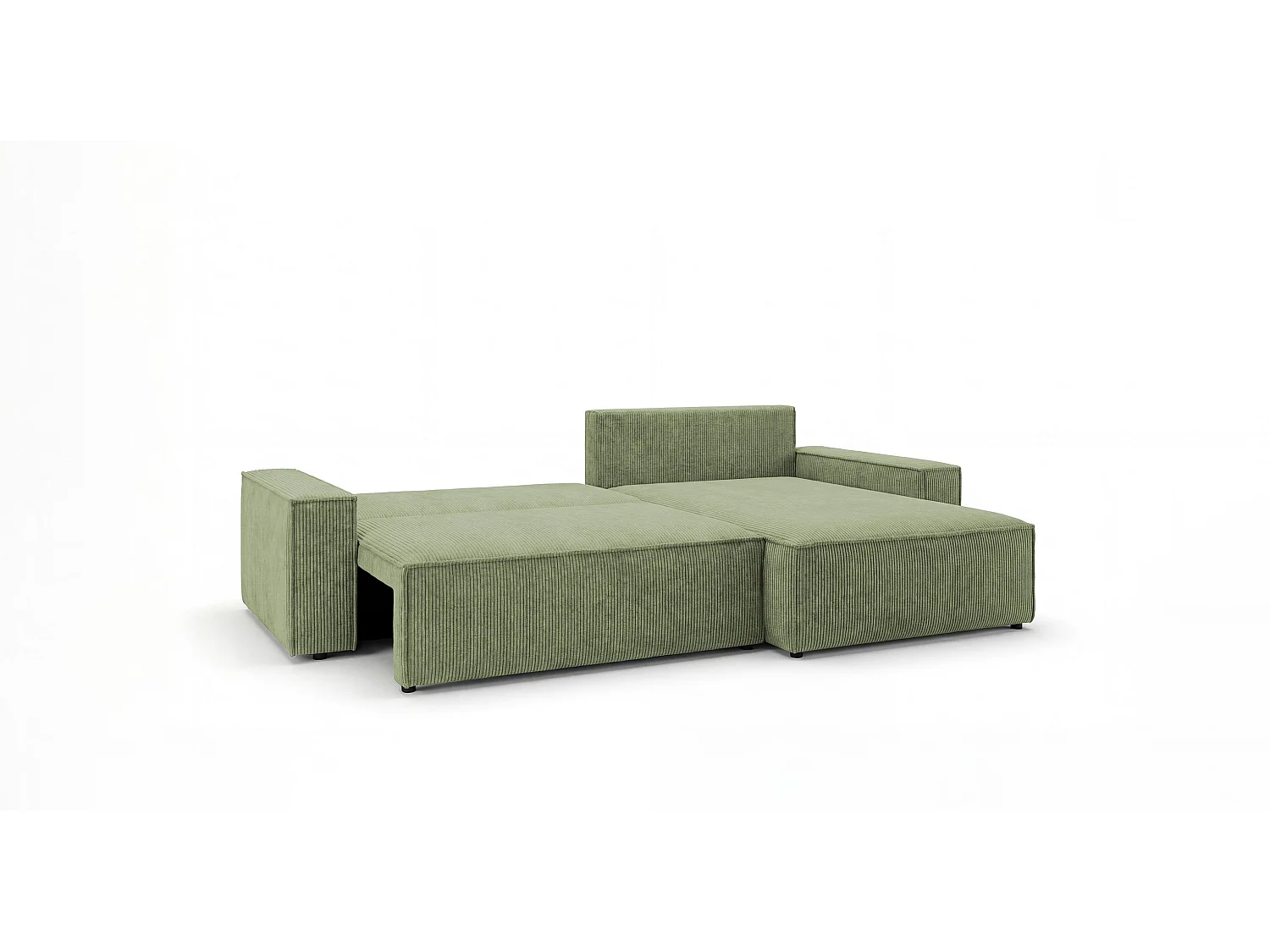 Canapé d'angle VIENNA droit vert clair velours côtelé Poso 47 - fonction couchage, coffre à literie
