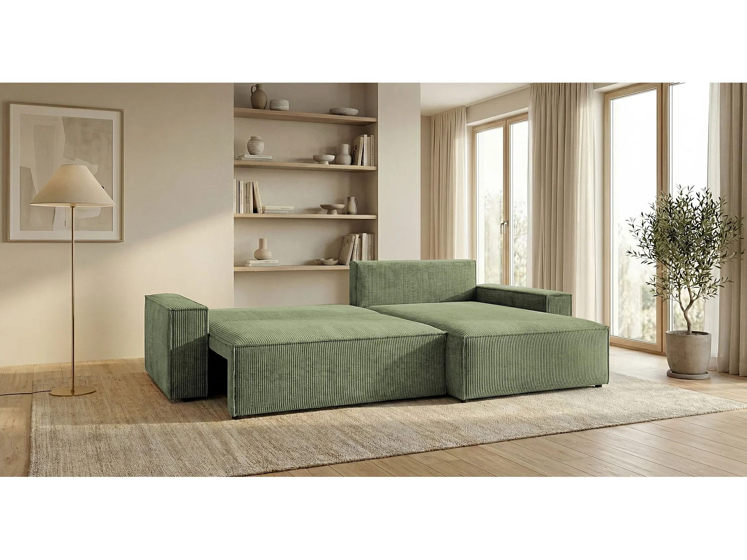 Canapé d'angle VIENNA droit vert clair velours côtelé Poso 47 - fonction couchage, coffre à literie
