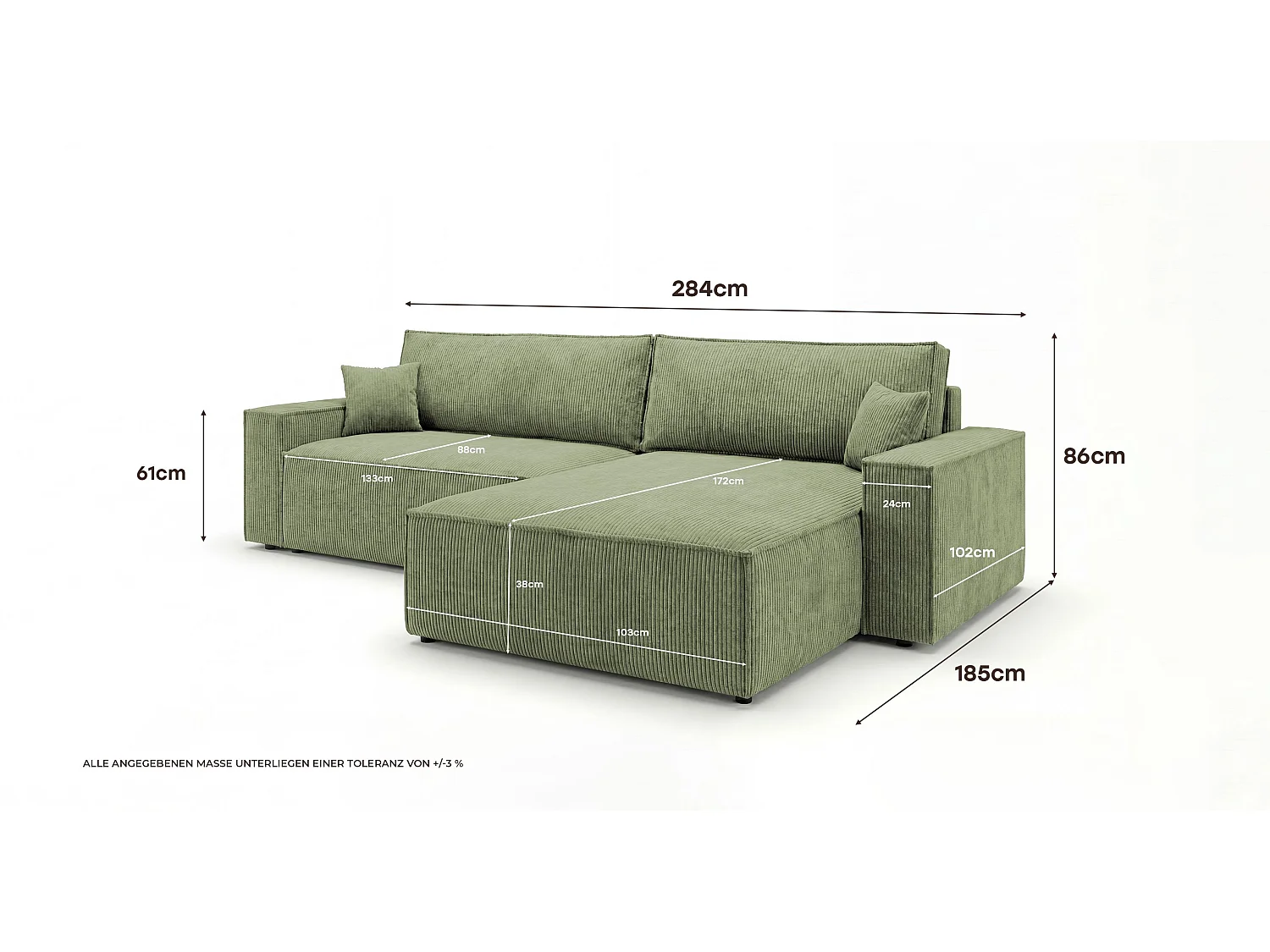 Canapé d'angle VIENNA droit vert clair velours côtelé Poso 47 - fonction couchage, coffre à literie
