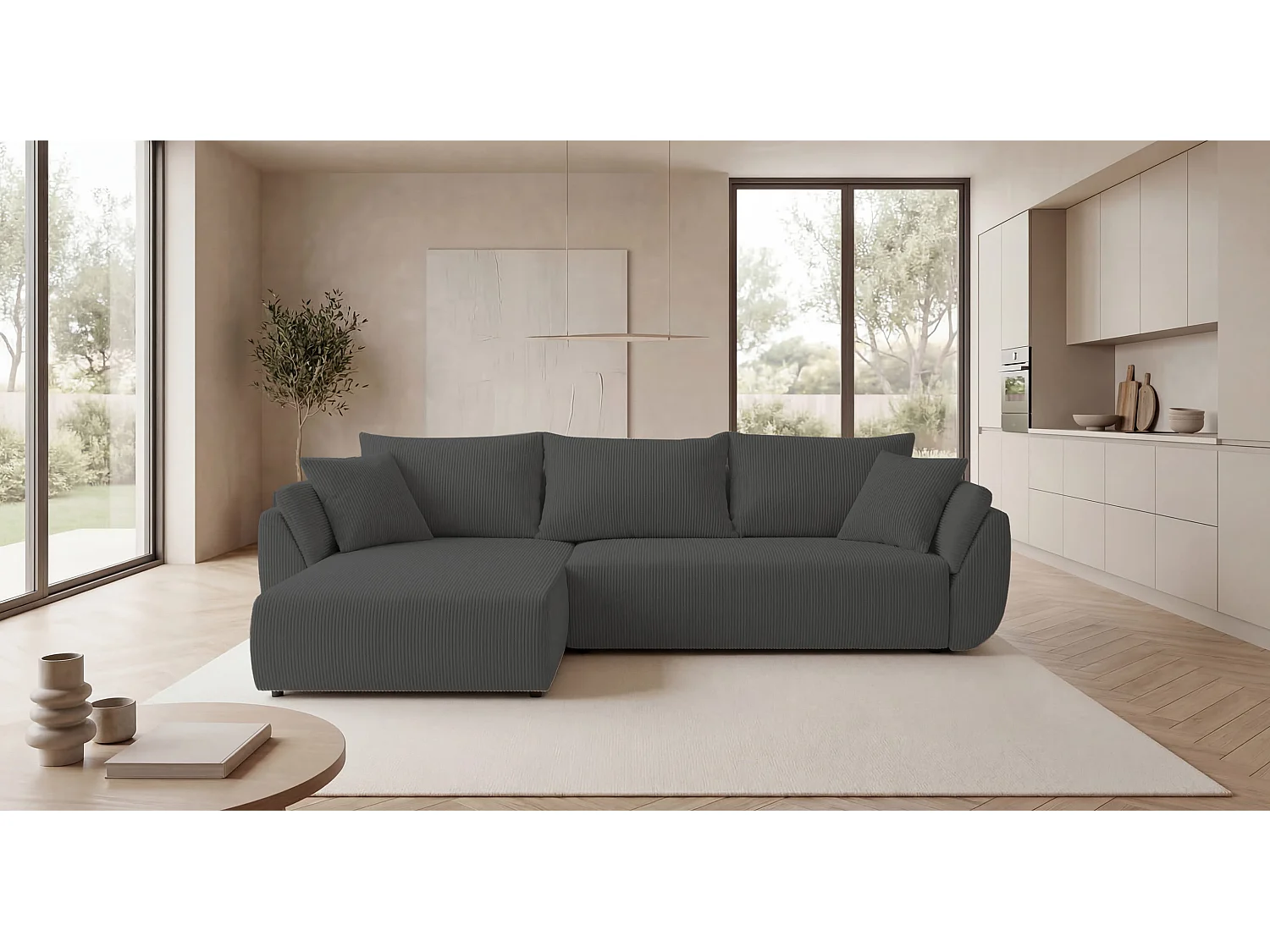 Canapé d'angle SYDNEY gauche gris foncé velours côtelé Poso 60 - fonction couchage, coffre à literie