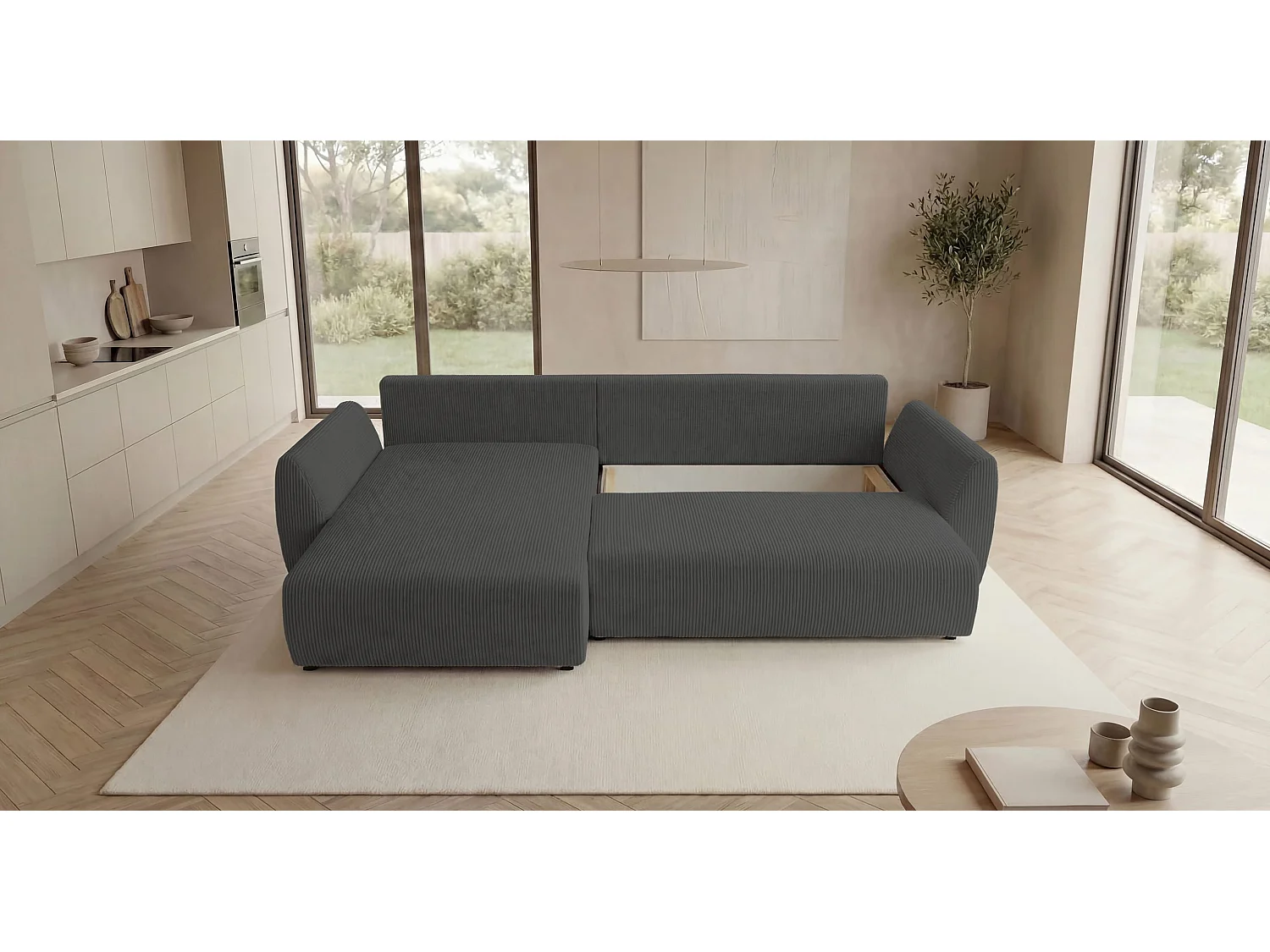 Canapé d'angle SYDNEY gauche gris foncé velours côtelé Poso 60 - fonction couchage, coffre à literie