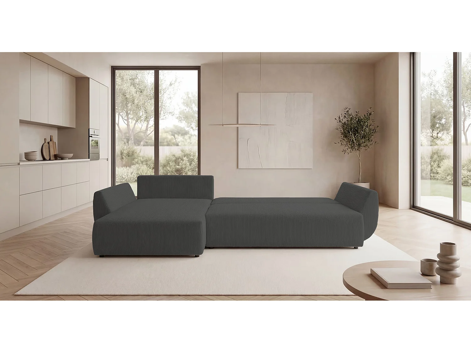 Canapé d'angle SYDNEY gauche gris foncé velours côtelé Poso 60 - fonction couchage, coffre à literie