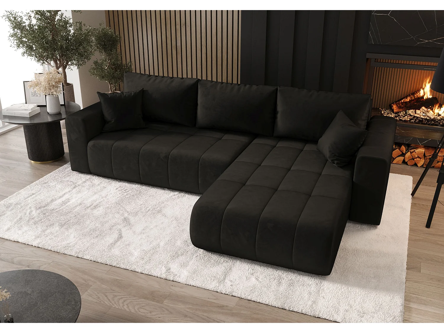 Canapé d'angle LARA droit graphite velours Monolith 95 - fonction couchage, coffre à literie