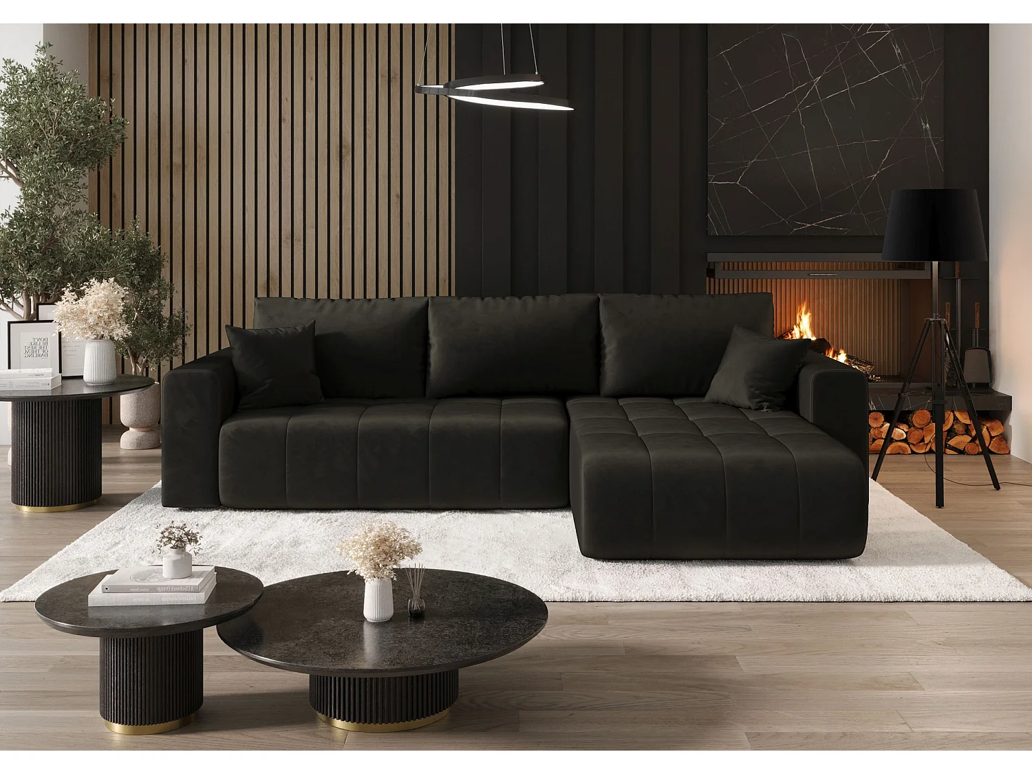 Canapé d'angle LARA droit graphite velours Monolith 95 - fonction couchage, coffre à literie