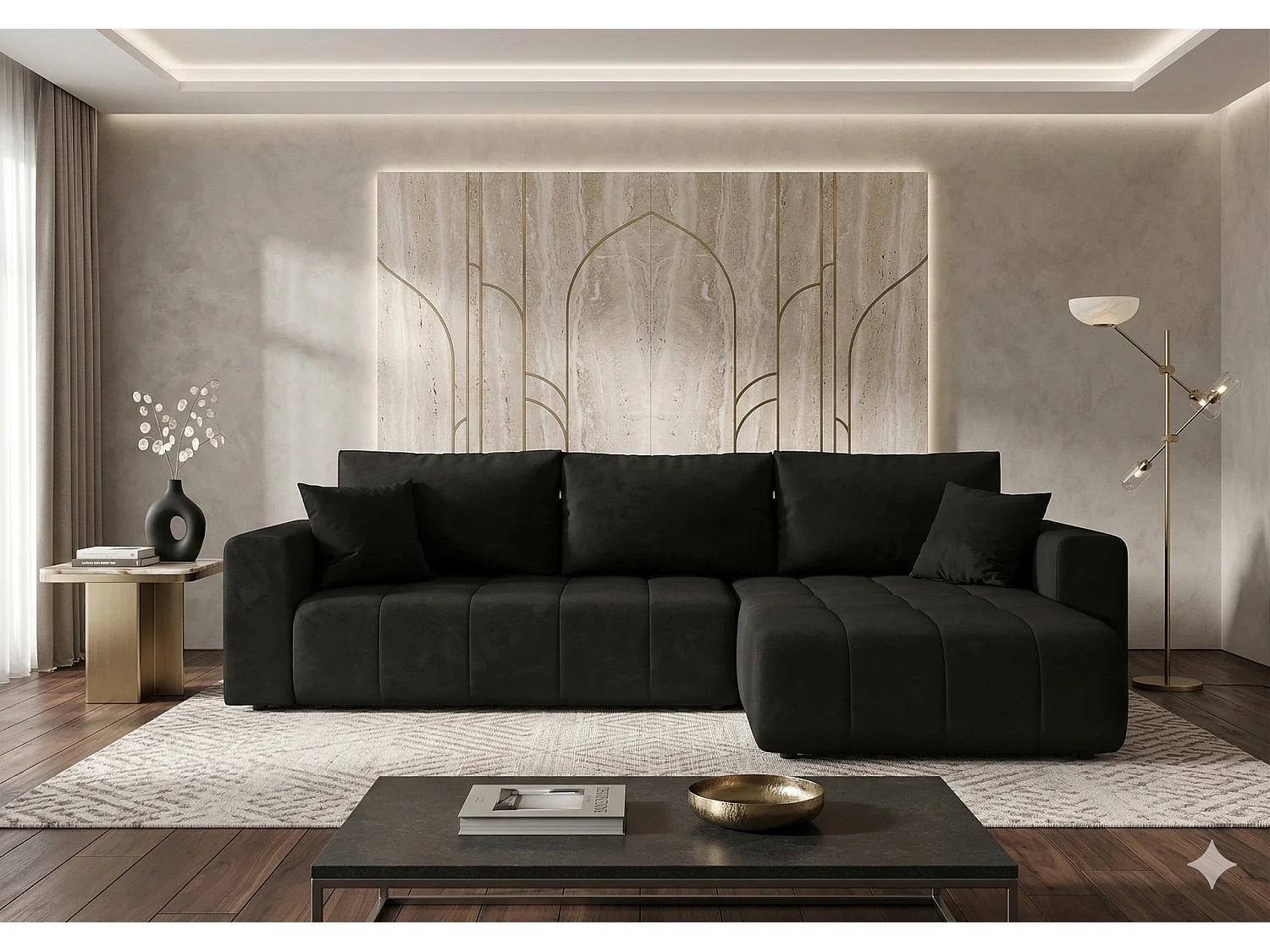 Canapé d'angle convertible en velours MILO-Gris foncé-angle droit