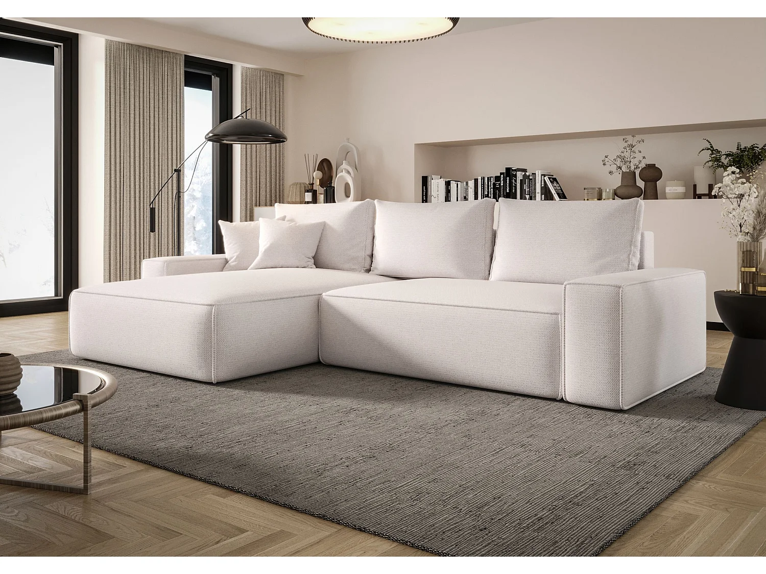 Canapé d'angle CALIFORNIA gauche blanc tricot Aragon 1 - fonction couchage, coffre à literie