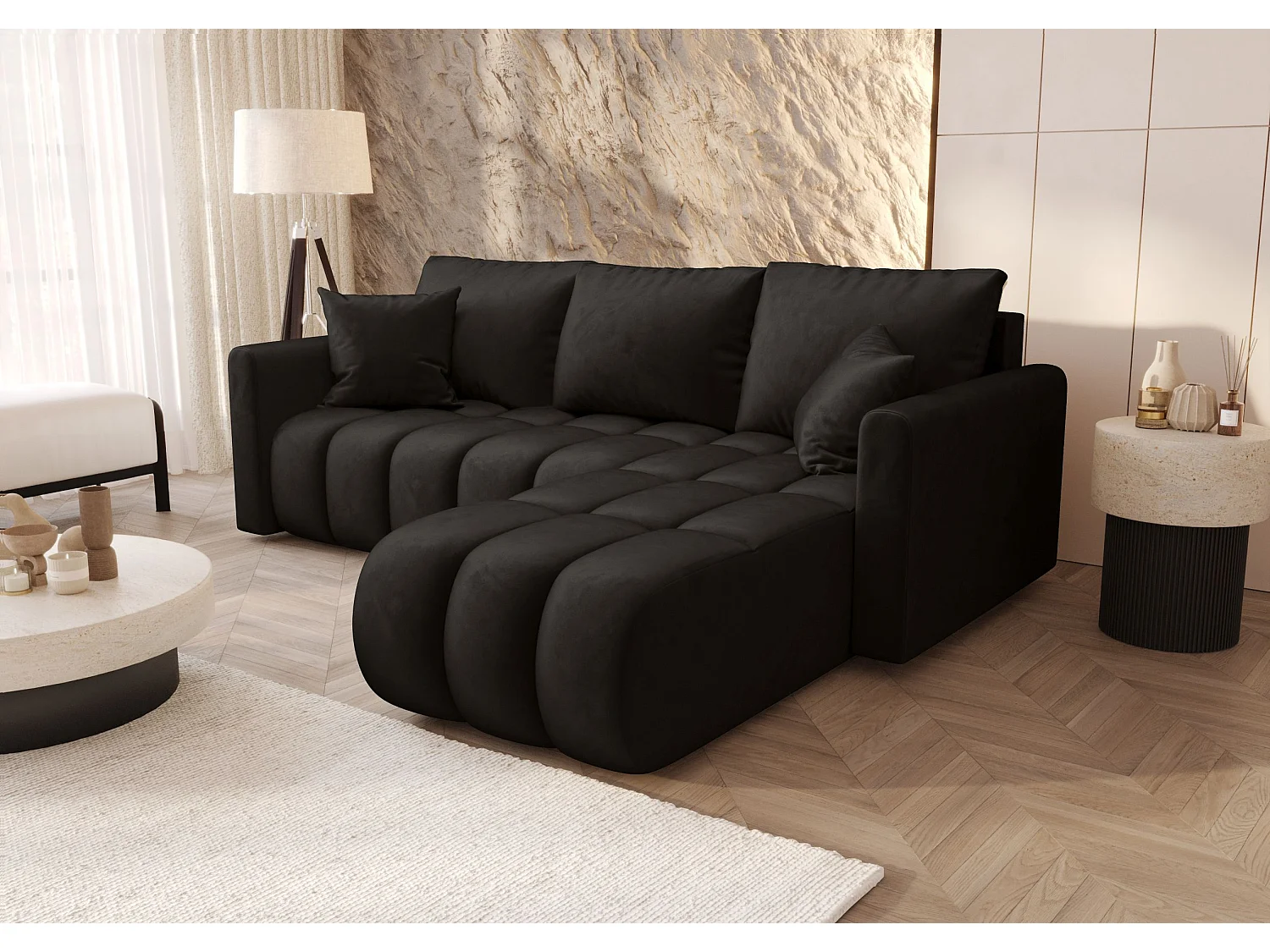 Canapé d'angle GARDA droit noir velours Monolith 97 - fonction couchage, coffre à literie
