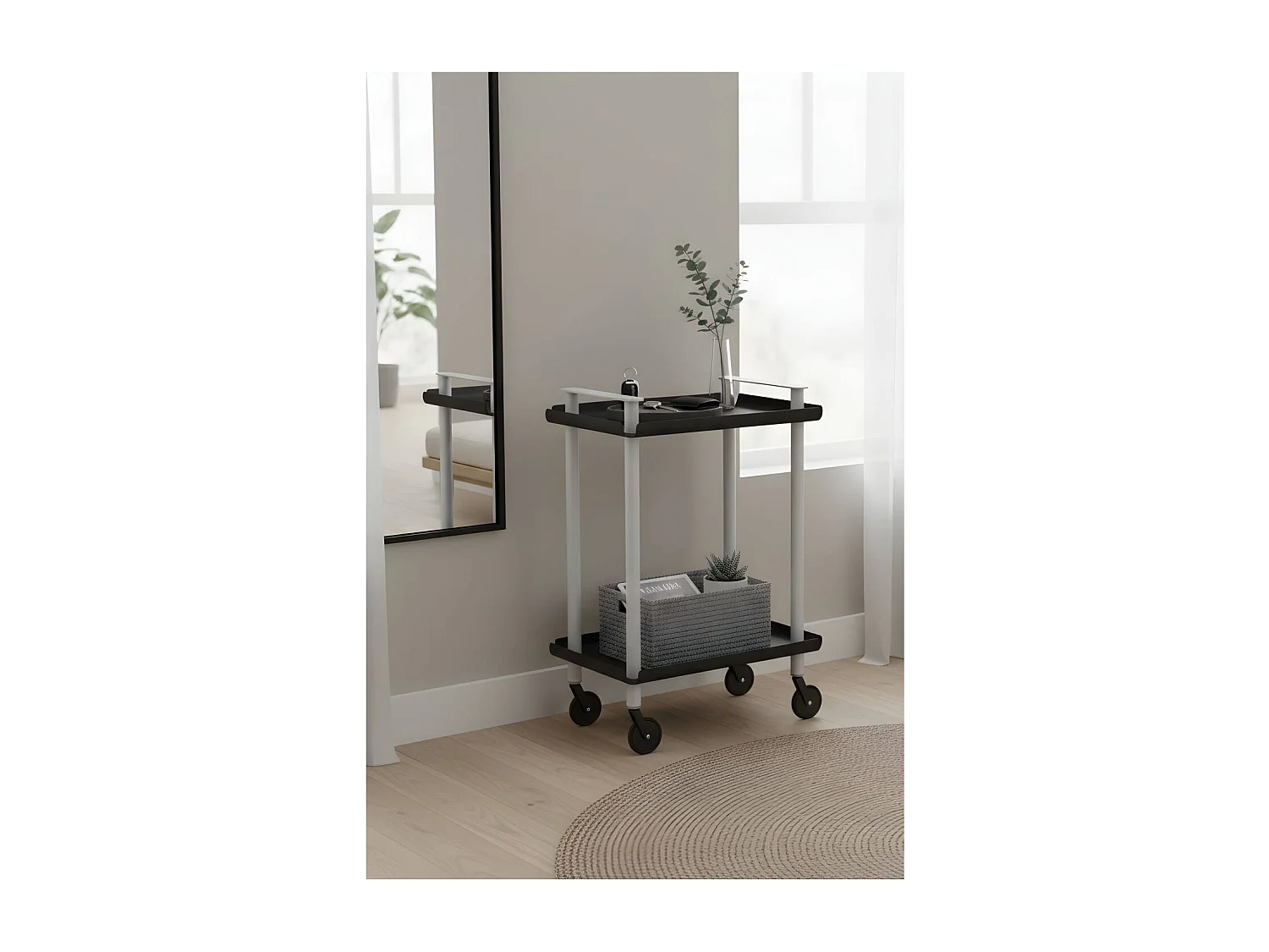 Servierwagen, Rollregal mit 2 Ebenen, Metall, grauen Rahmen, LEKY