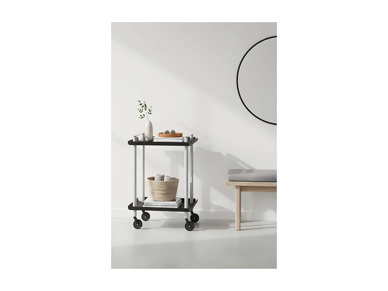 Servierwagen, Rollregal mit 2 Ebenen, Metall, grauen Rahmen, LEKY