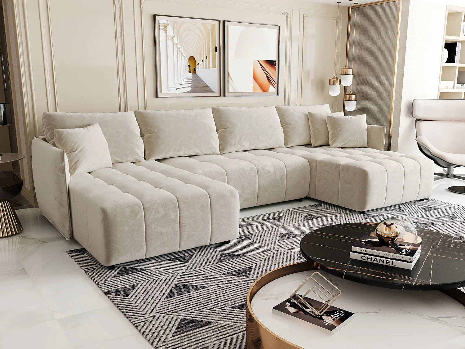 Canapé d'angle CHICAGO en U beige velours Monolith 2 - fonction couchage, coffre à literie
