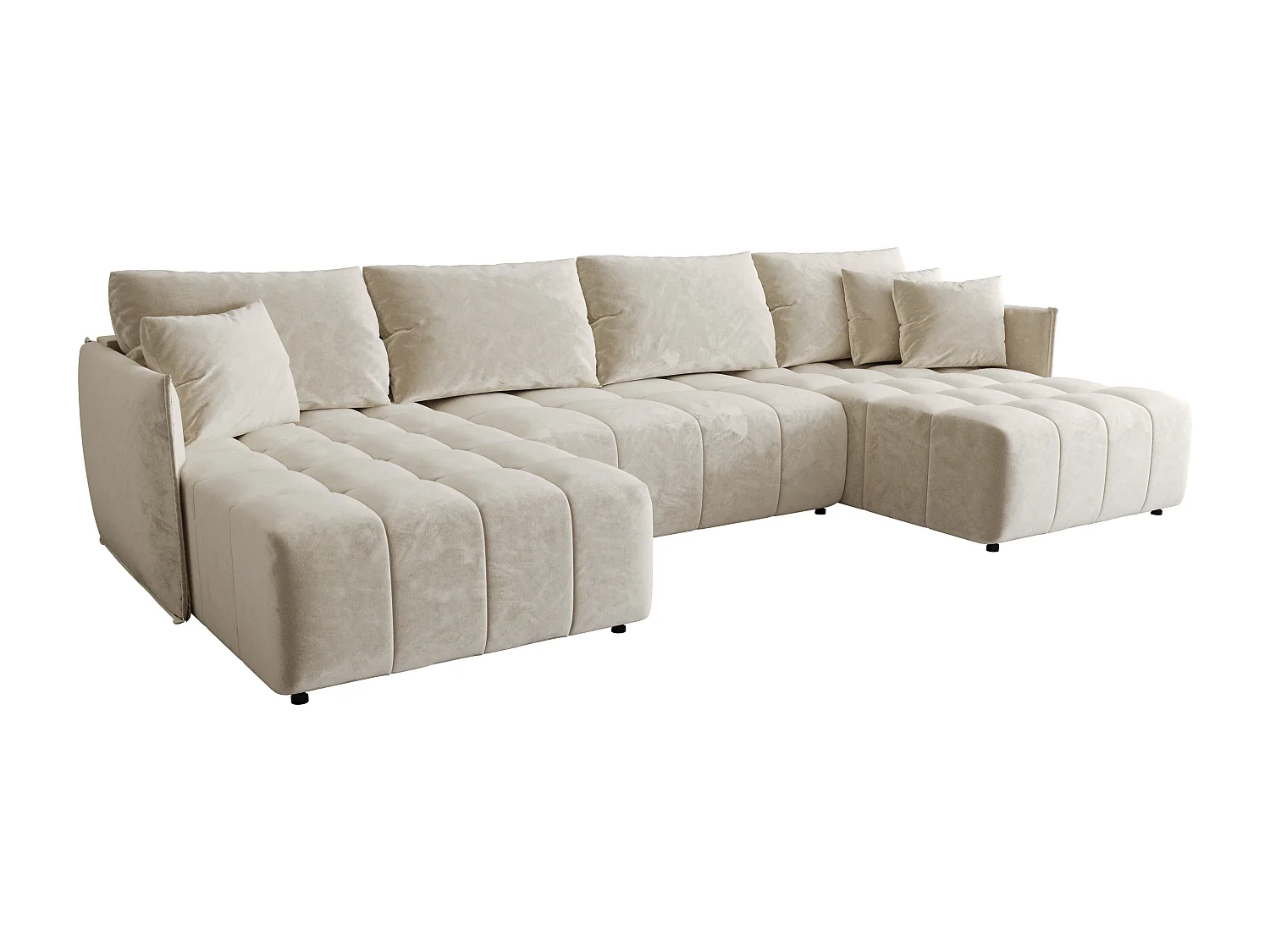 Canapé d'angle CHICAGO en U beige velours Monolith 2 - fonction couchage, coffre à literie
