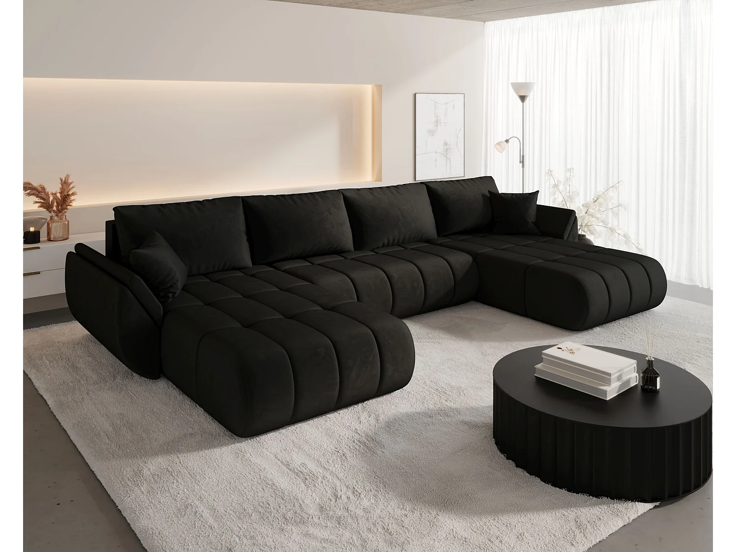 Canapé d'angle SYDNEY PREMIUM en U noir velours Monolith 97 - fonction couchage, coffre à literie