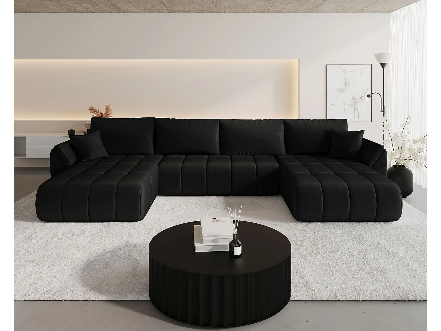 Canapé d'angle SYDNEY PREMIUM en U noir velours Monolith 97 - fonction couchage, coffre à literie