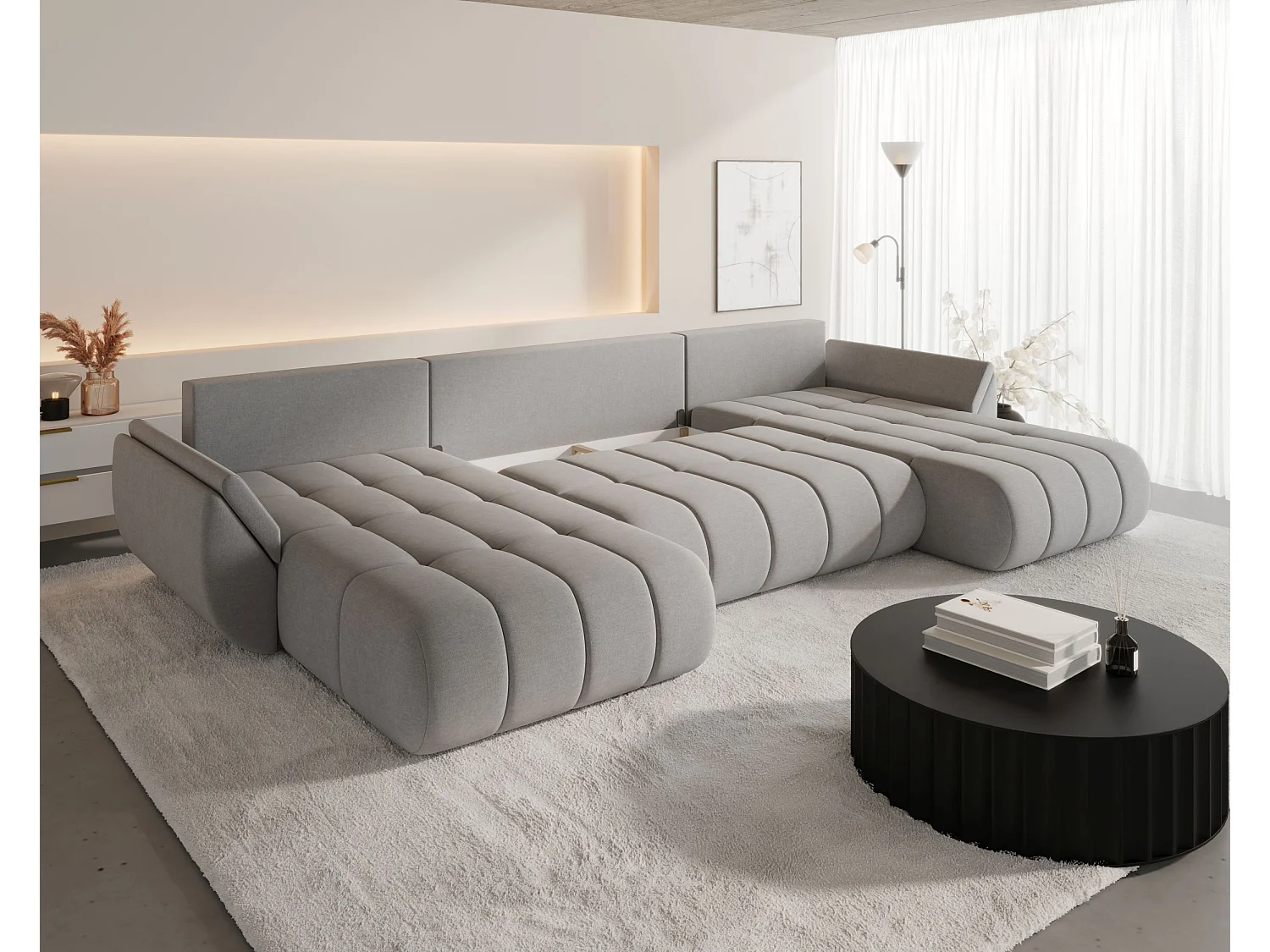 Canapé d'angle SYDNEY PREMIUM en U noir velours Monolith 97 - fonction couchage, coffre à literie