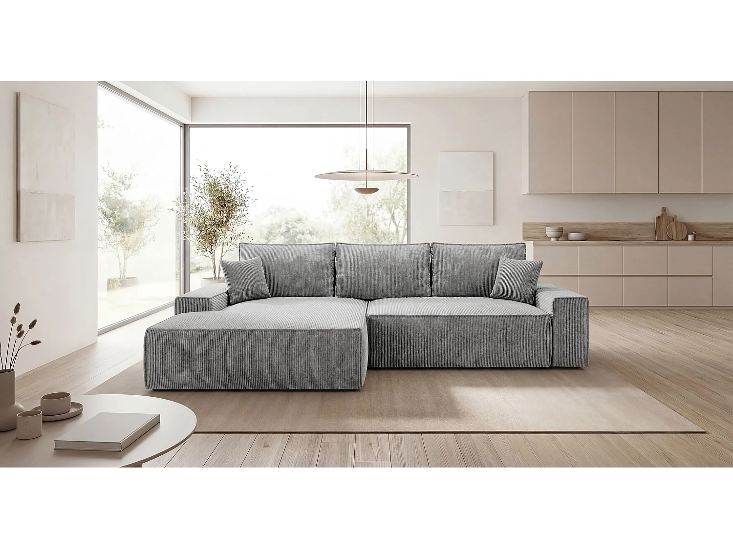 Canapé d'angle VERONA gauche gris velours côtelé Poso 55 - fonction couchage, coffre à literie