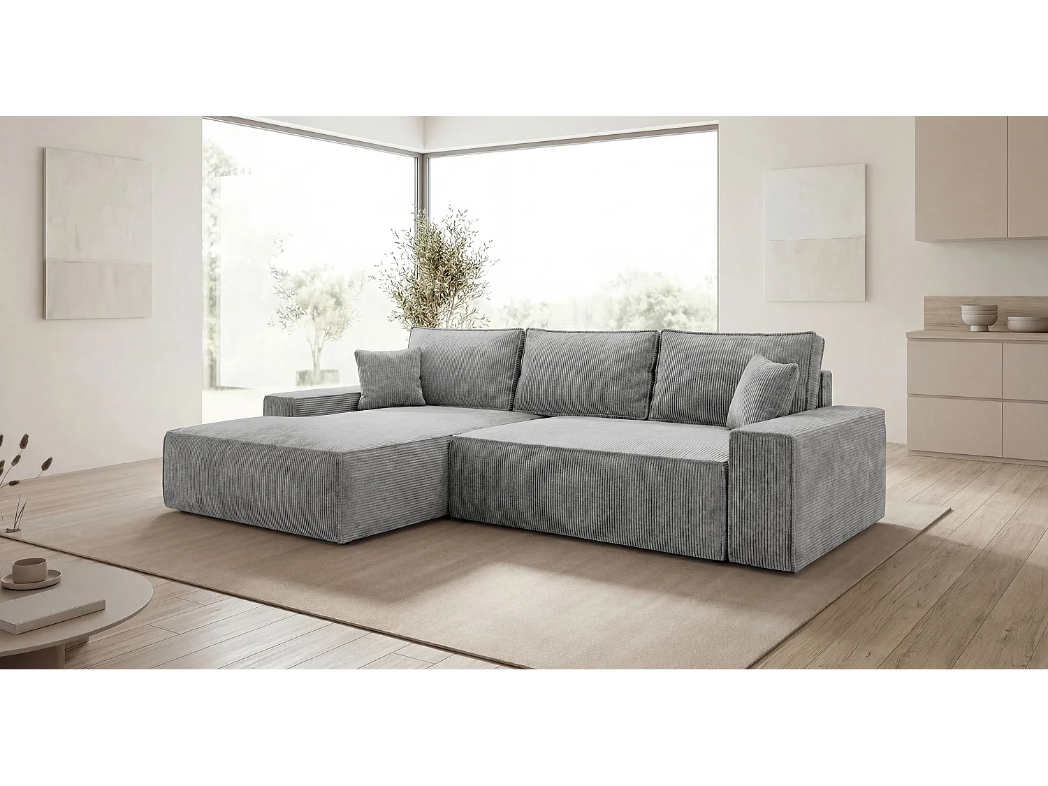 Canapé d'angle VERONA gauche gris velours côtelé Poso 55 - fonction couchage, coffre à literie