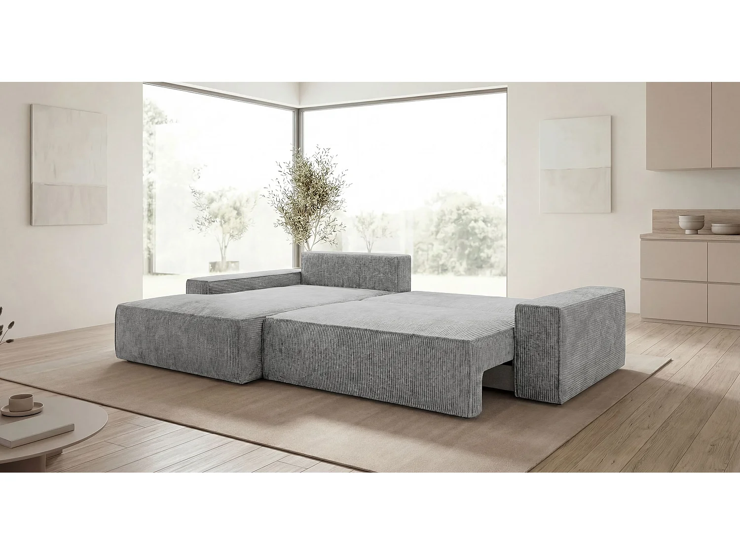 Canapé d'angle VERONA gauche gris velours côtelé Poso 55 - fonction couchage, coffre à literie