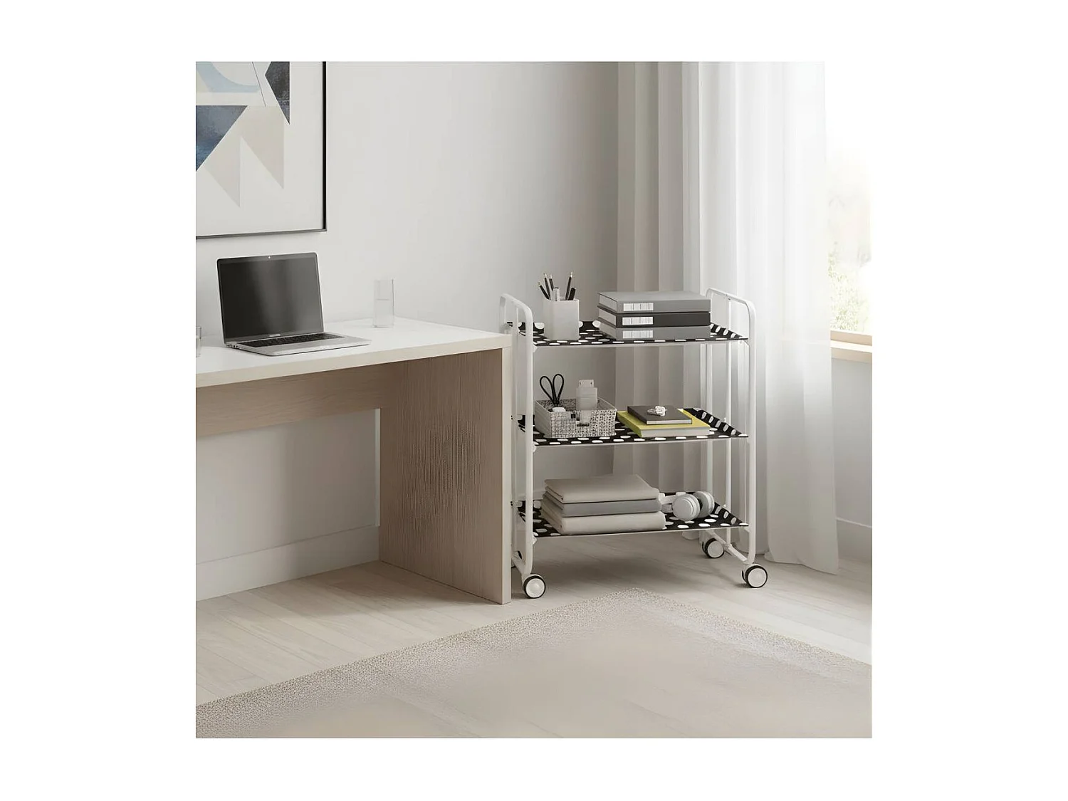 Carrito auxiliar plegable BAUHAUS blanco con ruedas – 3 niveles y 3 posiciones