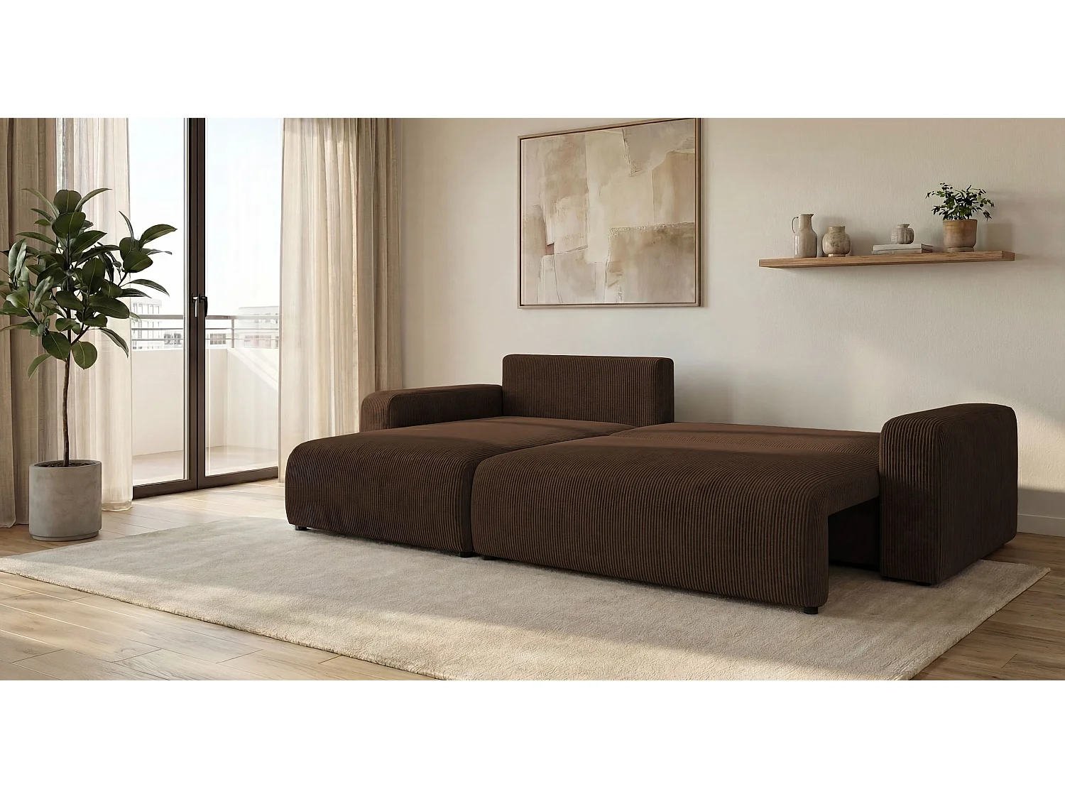 Canapé d'angle BERLIN gauche marron velours côtelé Poso 6 - fonction couchage, coffre à literie