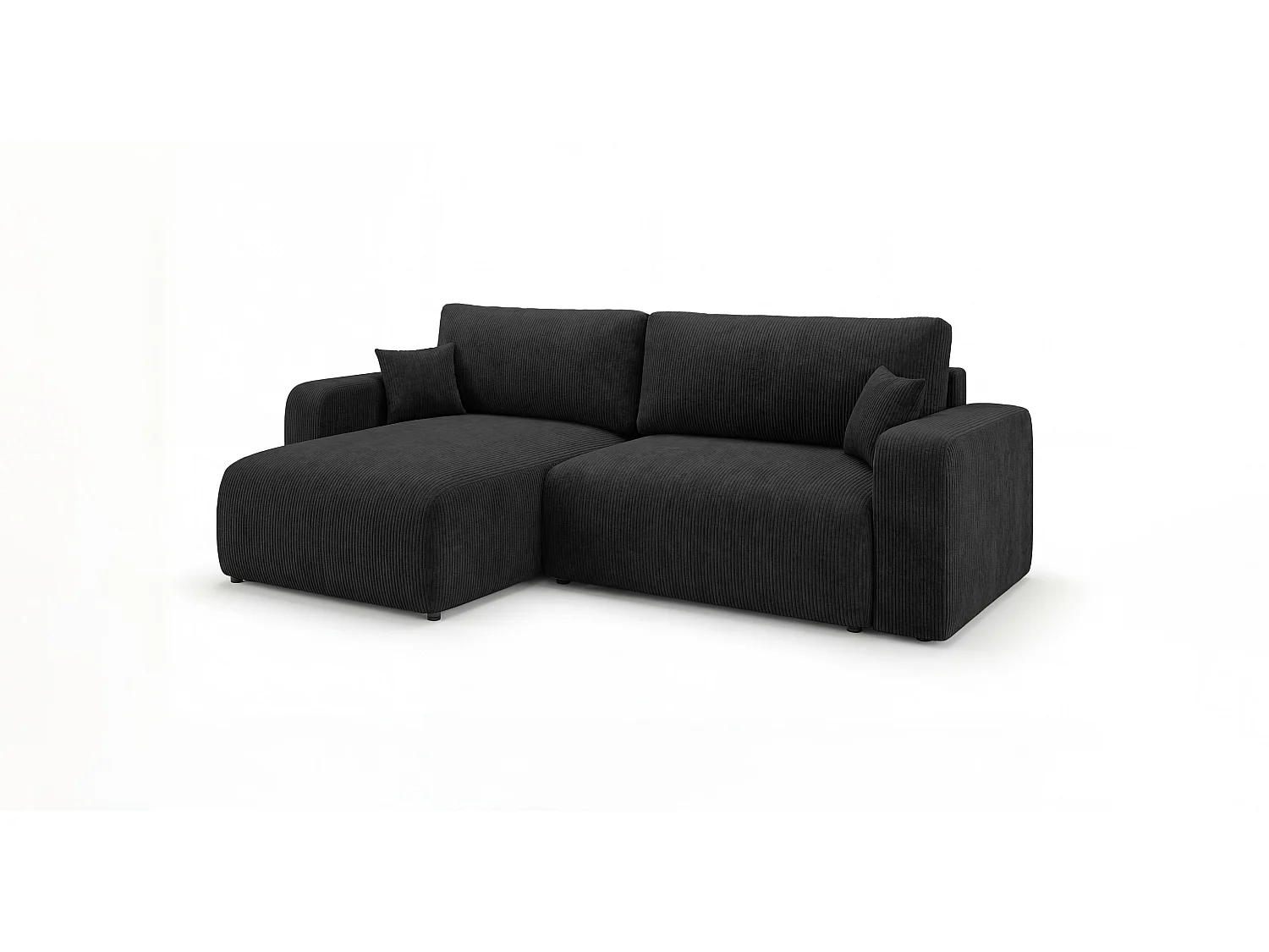 Canapé d'angle BERLIN droit noir velours côtelé Poso 135 - fonction couchage, coffre à literie