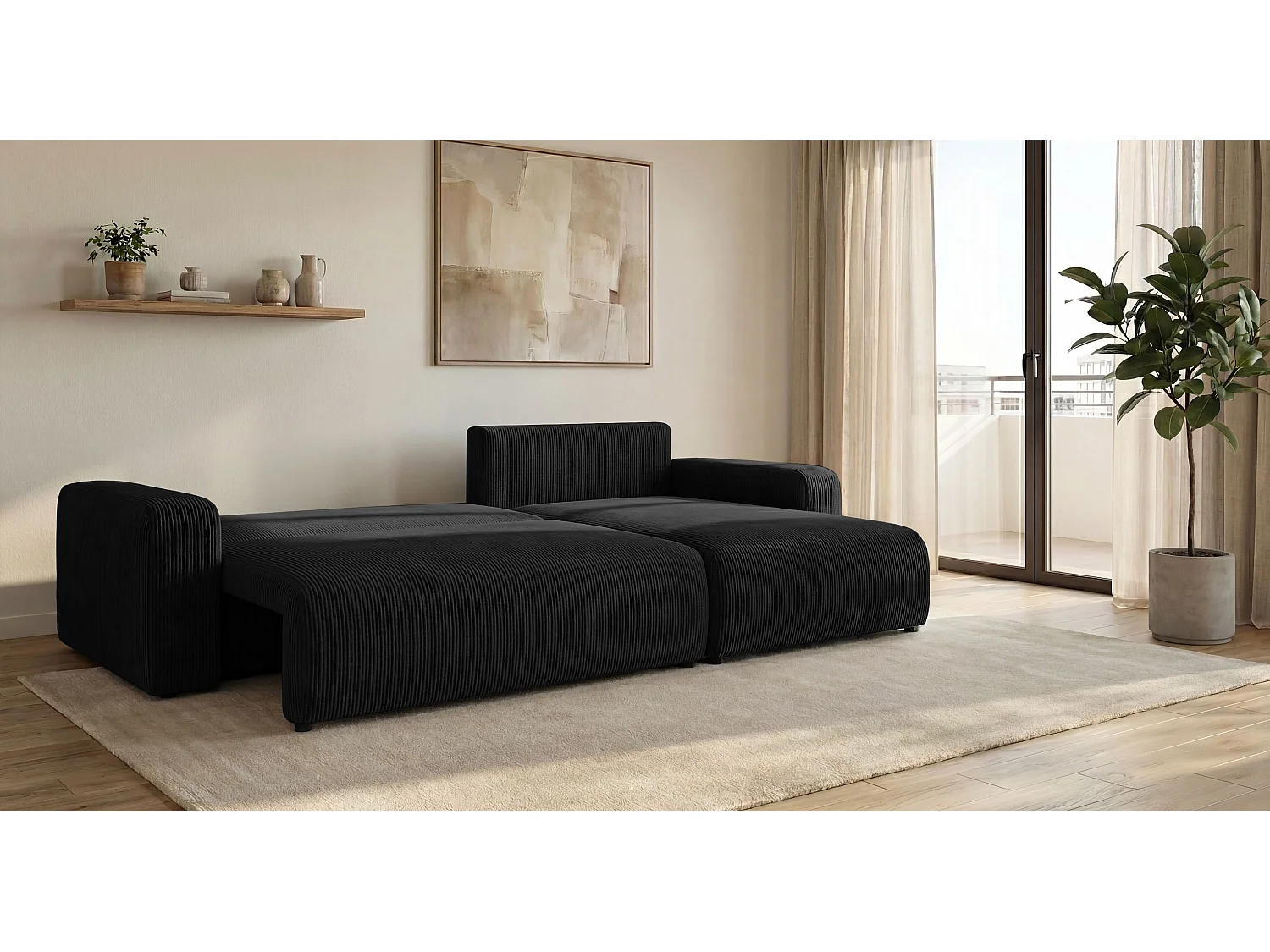 Canapé d'angle BERLIN droit noir velours côtelé Poso 135 - fonction couchage, coffre à literie