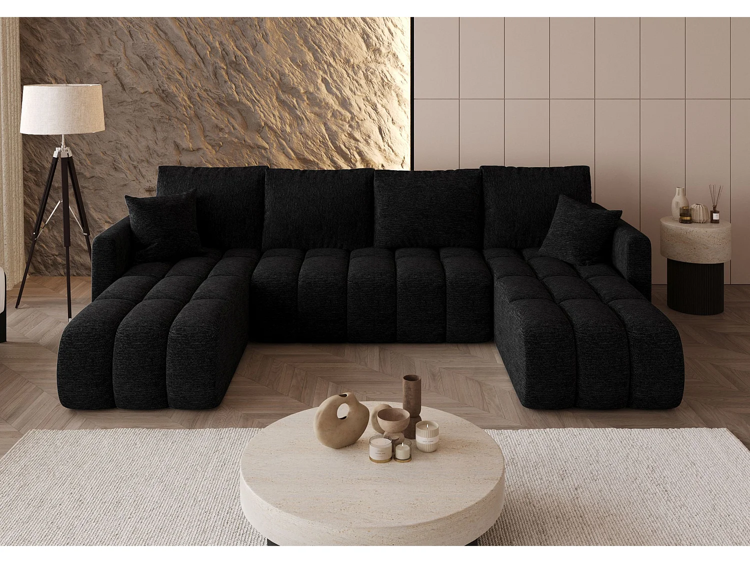 Canapé d'angle GARDA en U noir tricot Aragon 99 - fonction couchage, coffre à literie