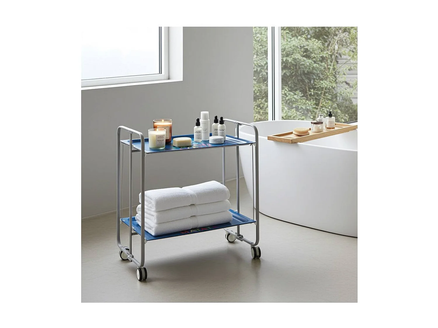 Carrito auxiliar plegable BAUHAUS con ruedas – Armazón metálico gris, 2 niveles, 4 posiciones ajustables
