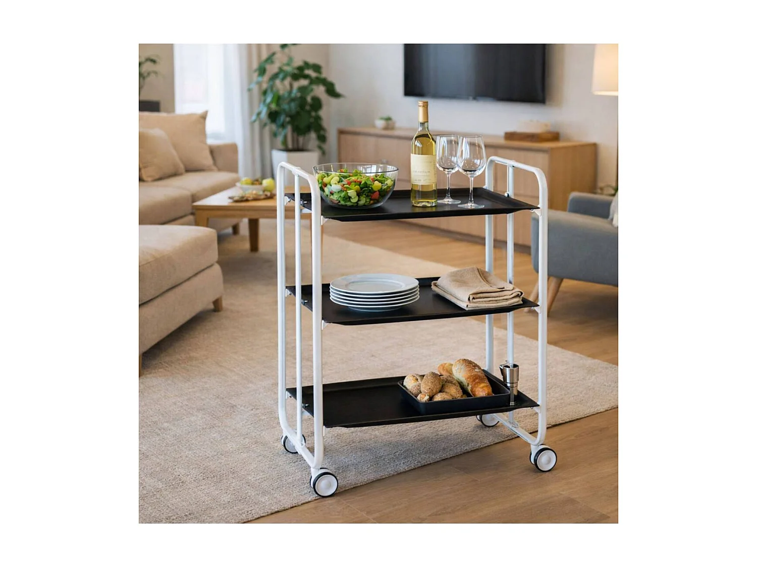 Carrito auxiliar plegable BAUHAUS blanco con ruedas – 3 niveles y 3 posiciones