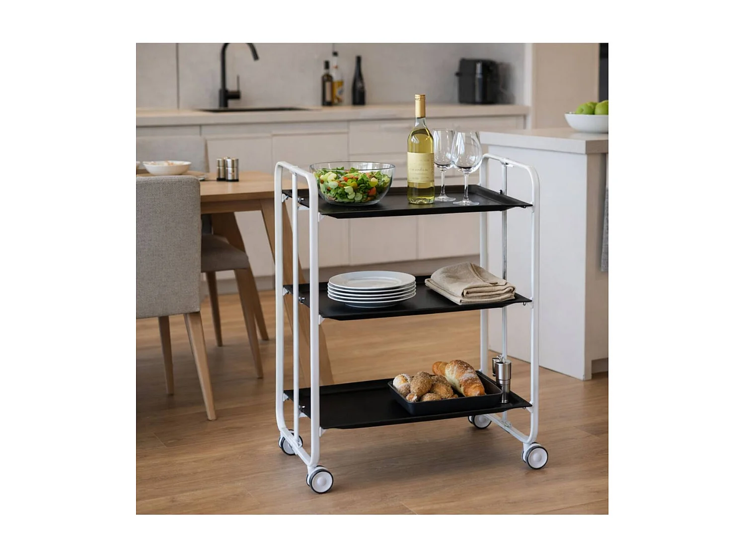 Carrito auxiliar plegable BAUHAUS blanco con ruedas – 3 niveles y 3 posiciones