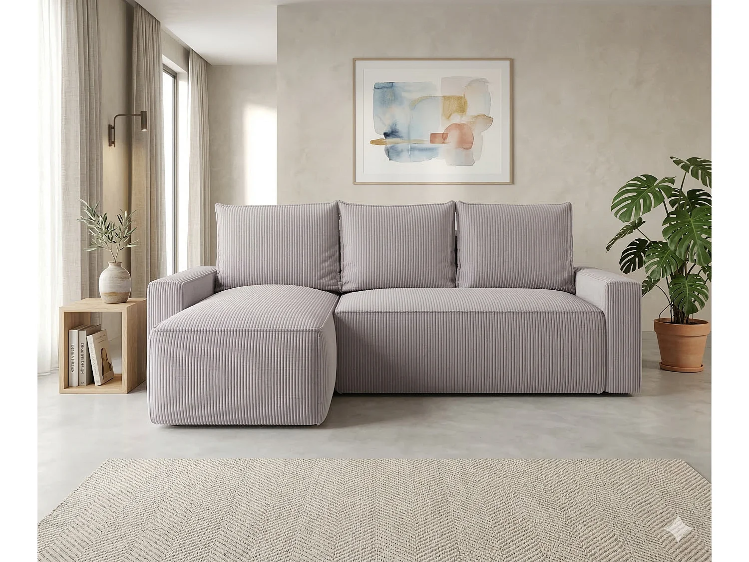 Canapé d’angle velours chenille convertible avec coffre NORE-Beige clair-angle gauche