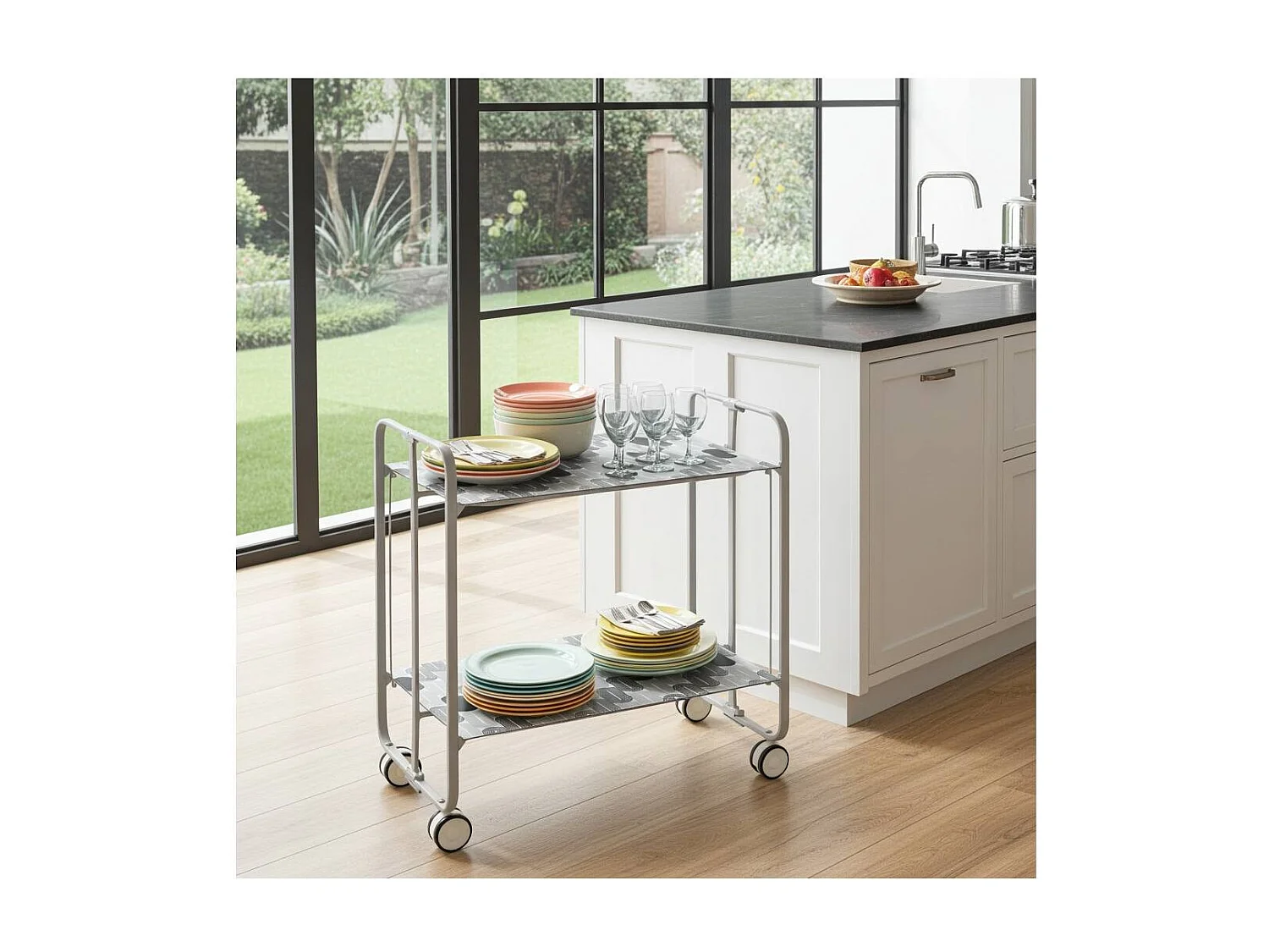 Carrito auxiliar plegable BAUHAUS con ruedas – Armazón metálico gris, 2 niveles, 4 posiciones ajustables