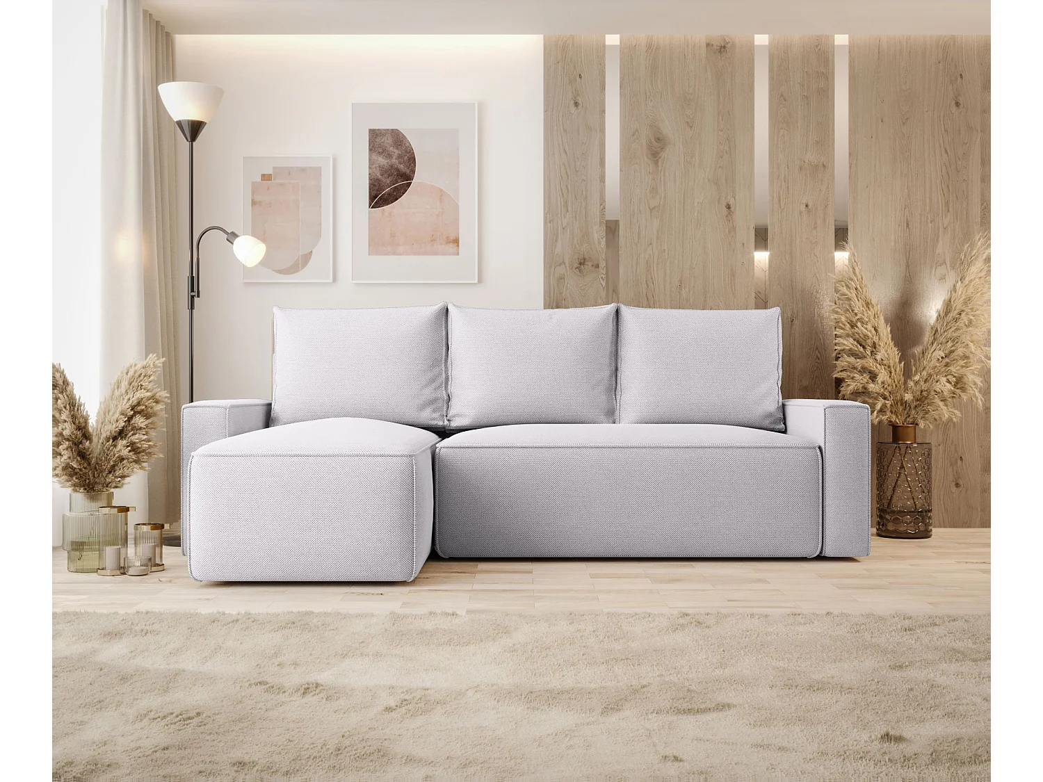 Canapé d'angle HAVANA gauche gris clair tricot Curio 80 - fonction couchage, coffre à literie