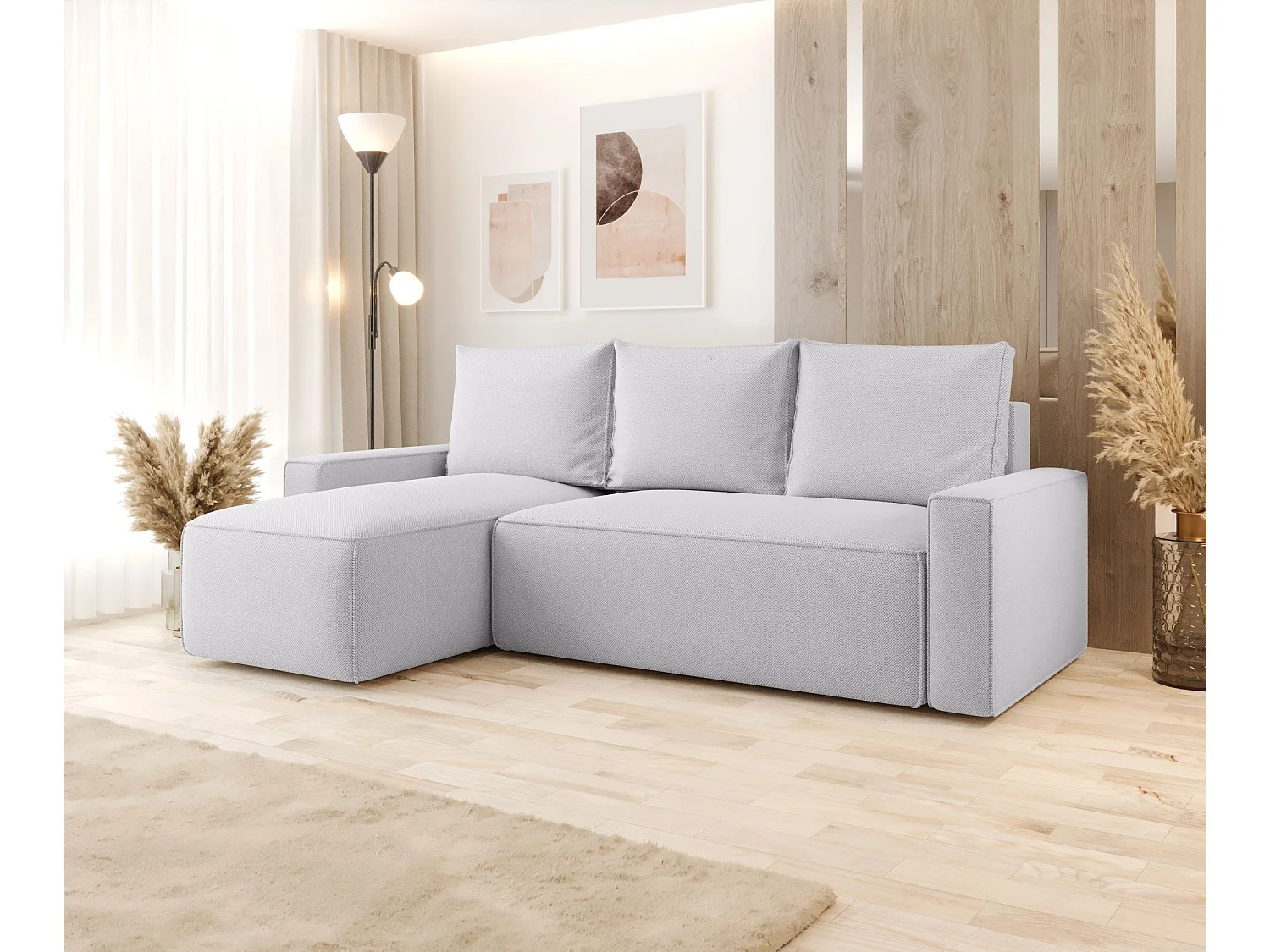 Canapé d'angle HAVANA gauche gris clair tricot Curio 80 - fonction couchage, coffre à literie