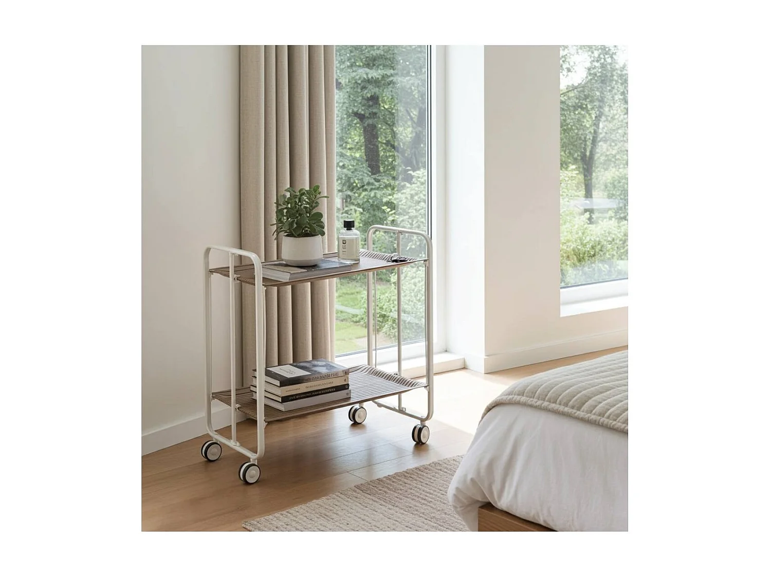 Carrito auxiliar plegable BAUHAUS con ruedas - Armazón metálico blanco, 2 niveles y 4 posiciones ajustables