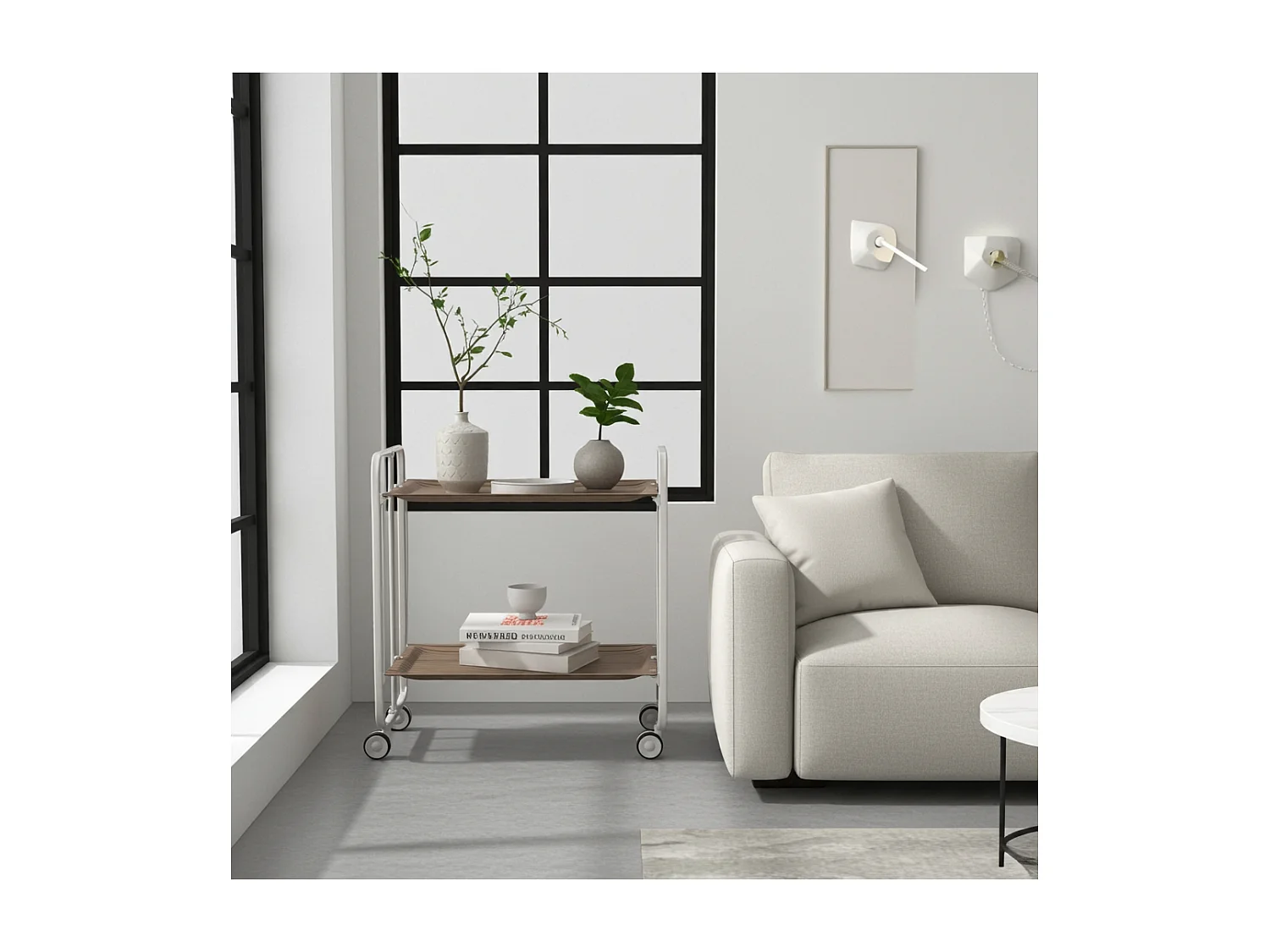 Carrito auxiliar plegable BAUHAUS con ruedas - Armazón metálico blanco, 2 niveles y 4 posiciones ajustables