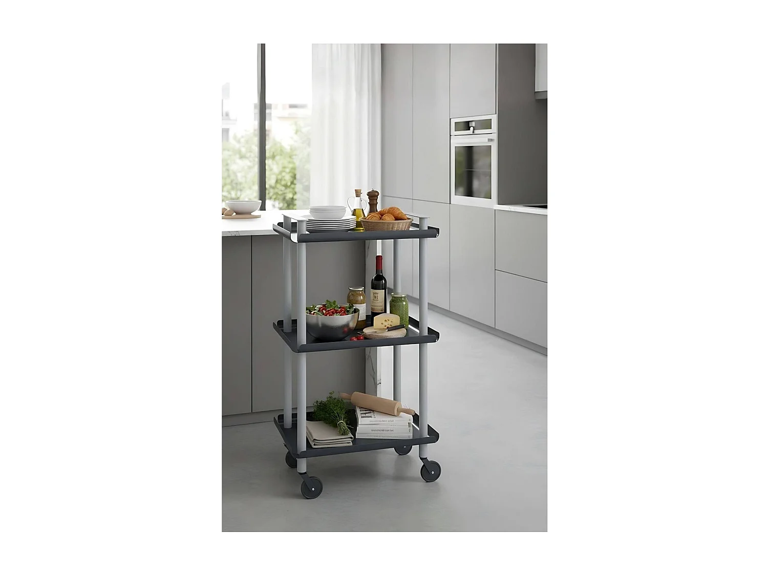 Servierwagen, Rollregal mit 3 Ebenen, Metall, grauem Rahmen, LEKY