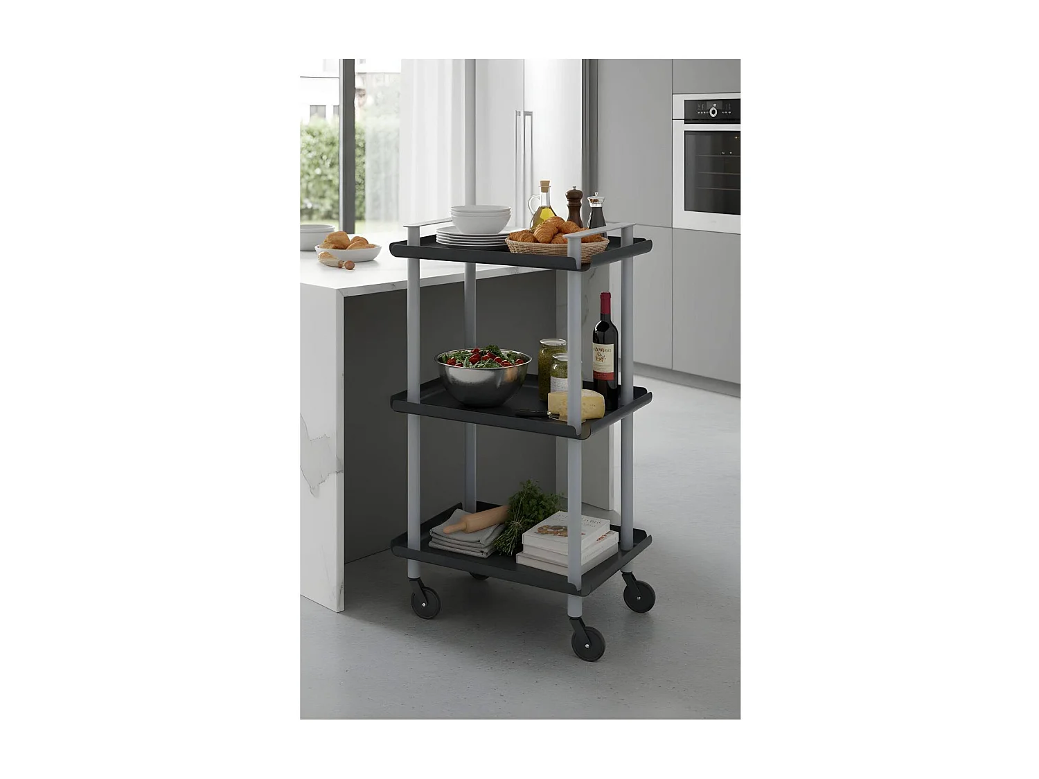 Servierwagen, Rollregal mit 3 Ebenen, Metall, grauem Rahmen, LEKY