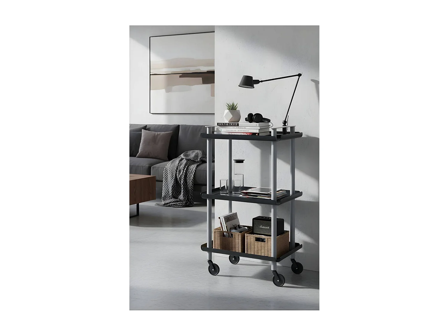 Servierwagen, Rollregal mit 3 Ebenen, Metall, grauem Rahmen, LEKY