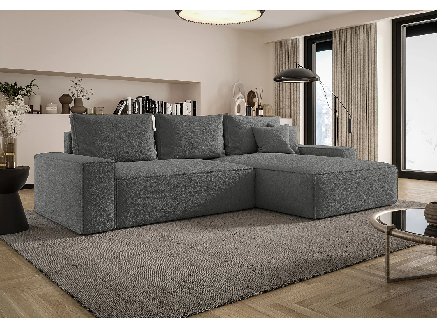 Canapé d'angle CALIFORNIA droit gris foncé Bukle Quelle 92 - fonction couchage, coffre à literie