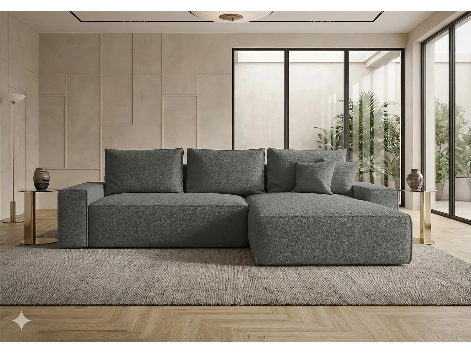 Canapé d’angle tissu bouclé convertible avec coffre NINA-Gris foncé-angle droit
