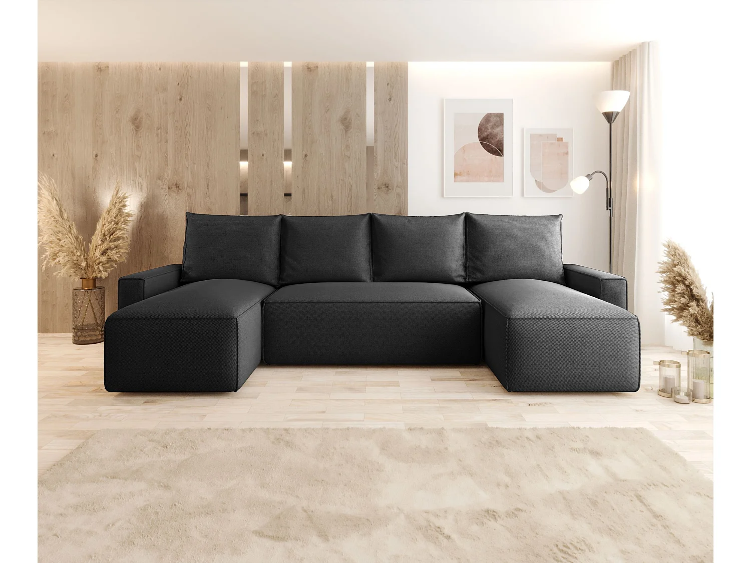 Canapé d'angle HAVANA en U graphite tricot Curio 97 - fonction couchage, coffre à literie