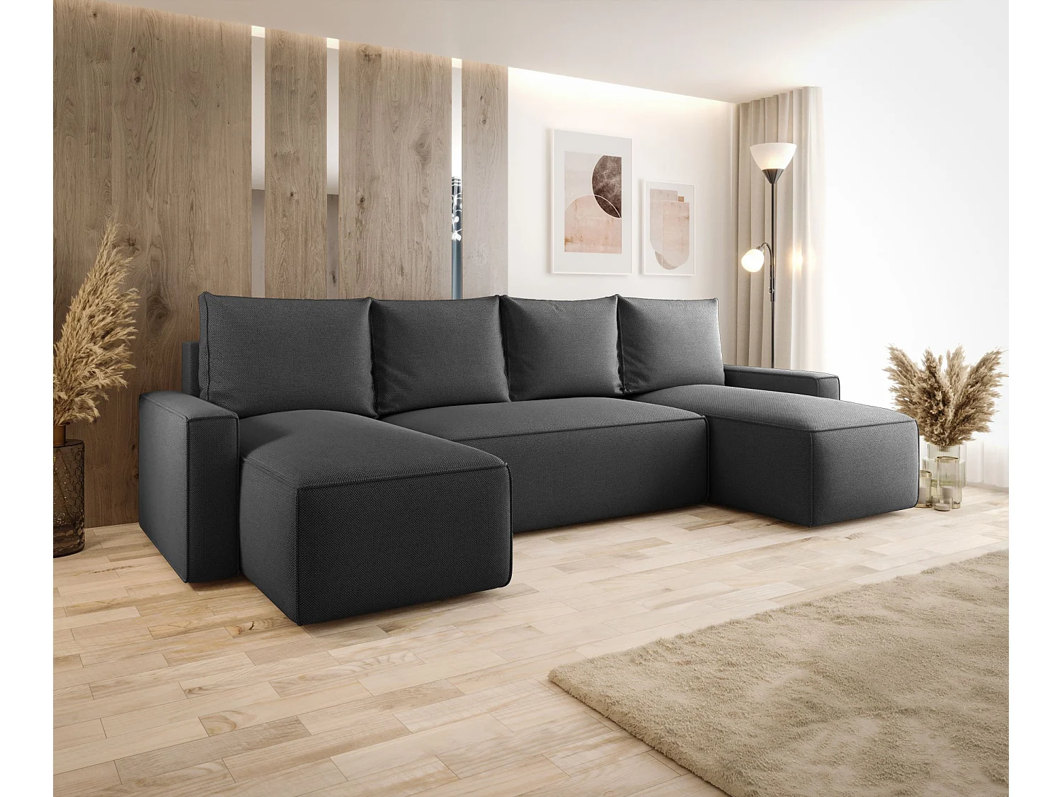 Canapé d'angle HAVANA en U graphite tricot Curio 97 - fonction couchage, coffre à literie