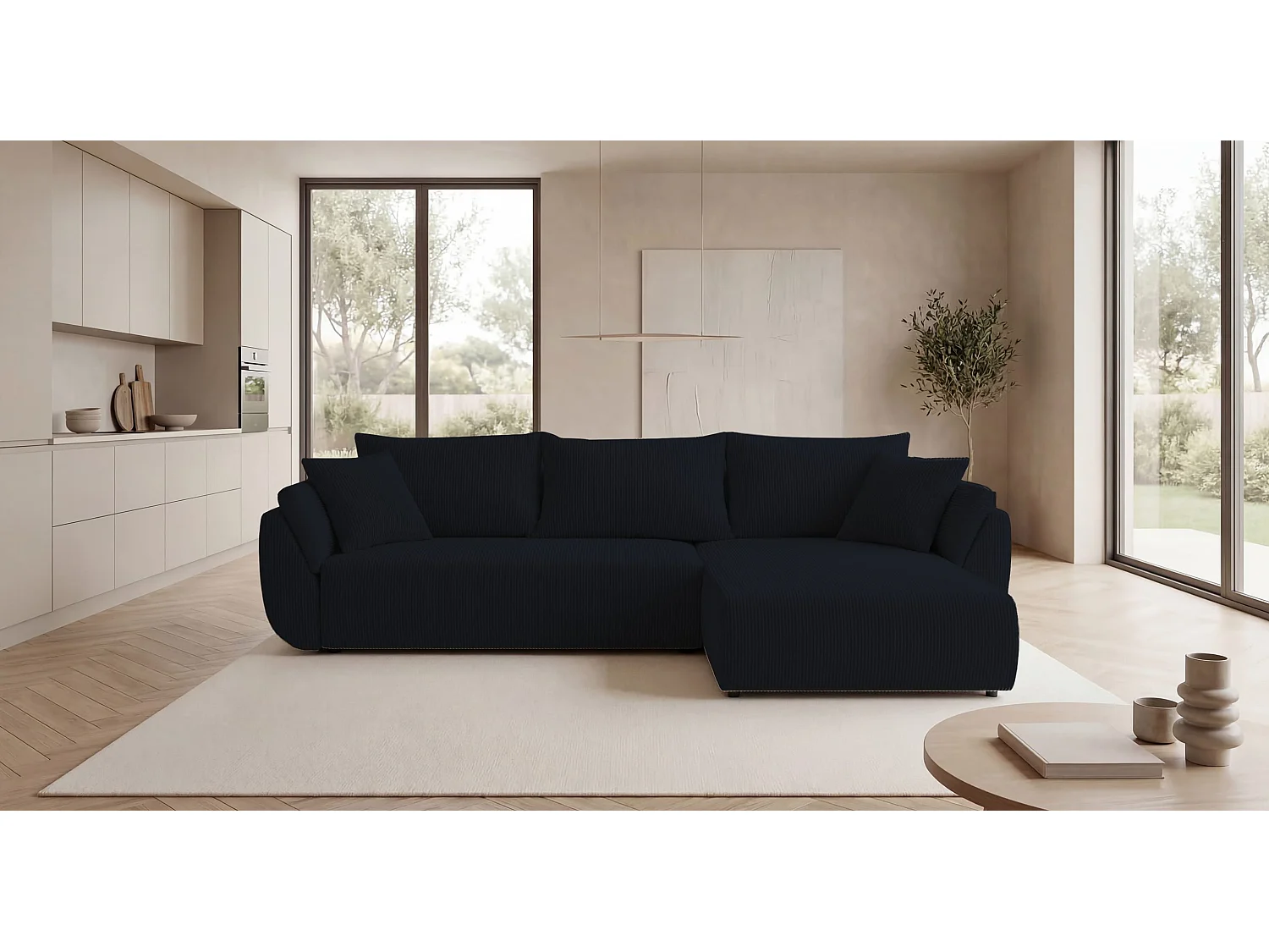 Canapé d'angle SYDNEY droit noir velours côtelé Poso 135 - fonction couchage, coffre à literie