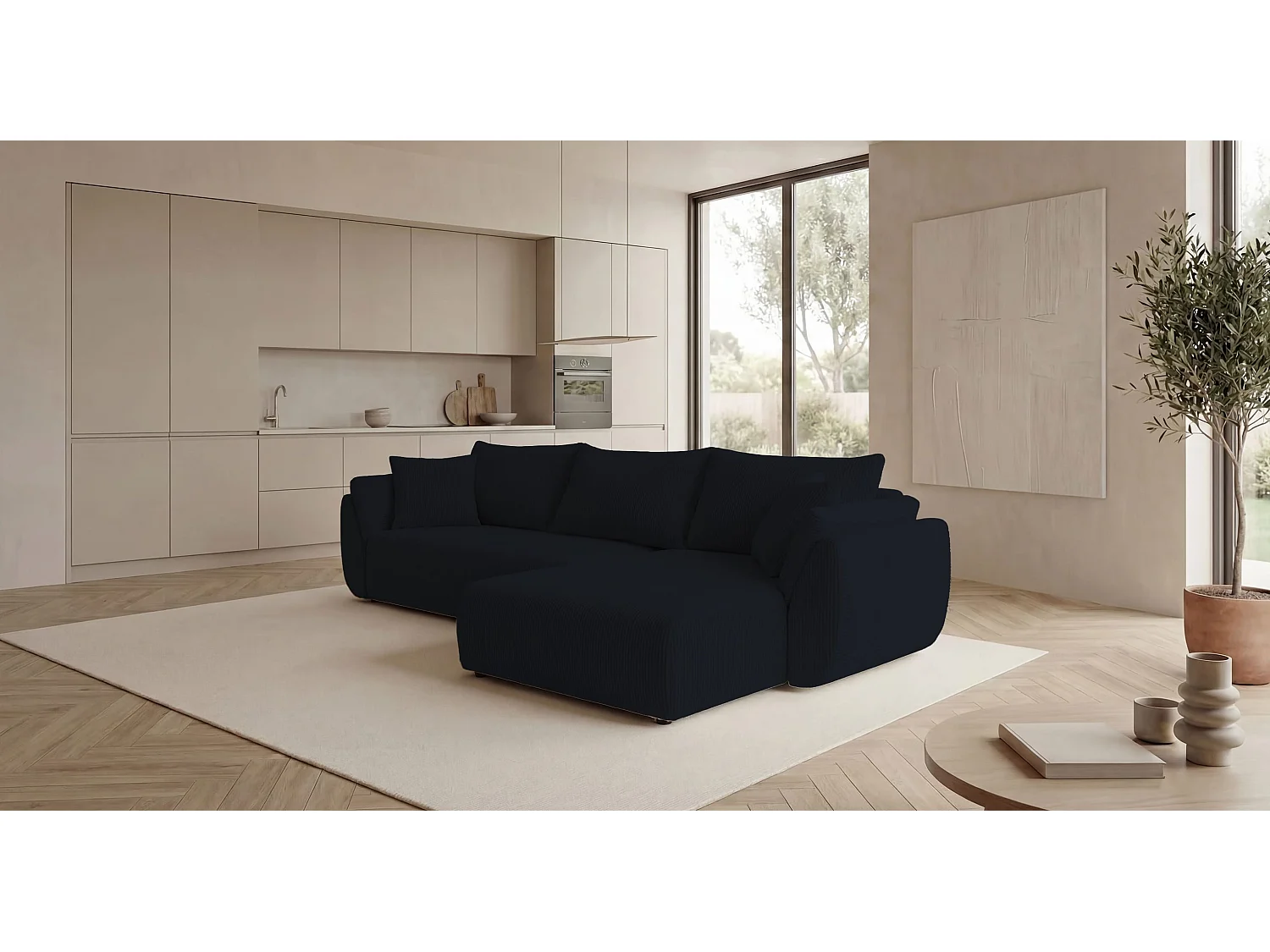 Canapé d'angle SYDNEY droit noir velours côtelé Poso 135 - fonction couchage, coffre à literie