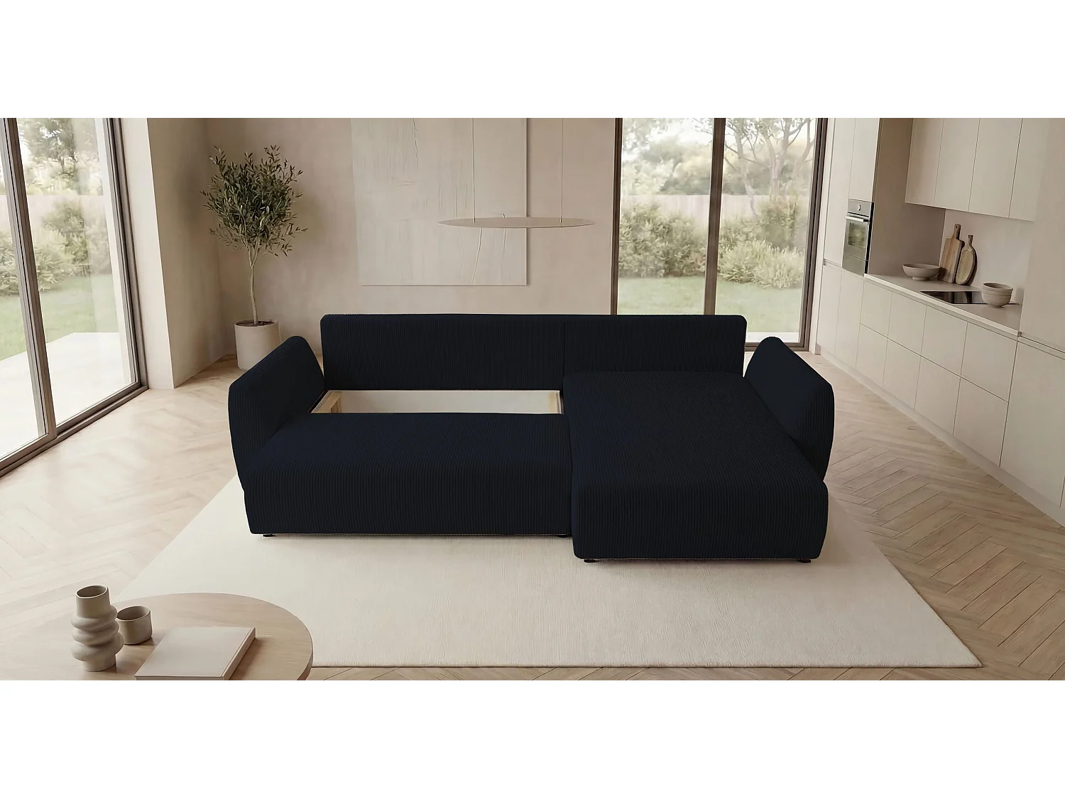 Canapé d'angle SYDNEY droit noir velours côtelé Poso 135 - fonction couchage, coffre à literie
